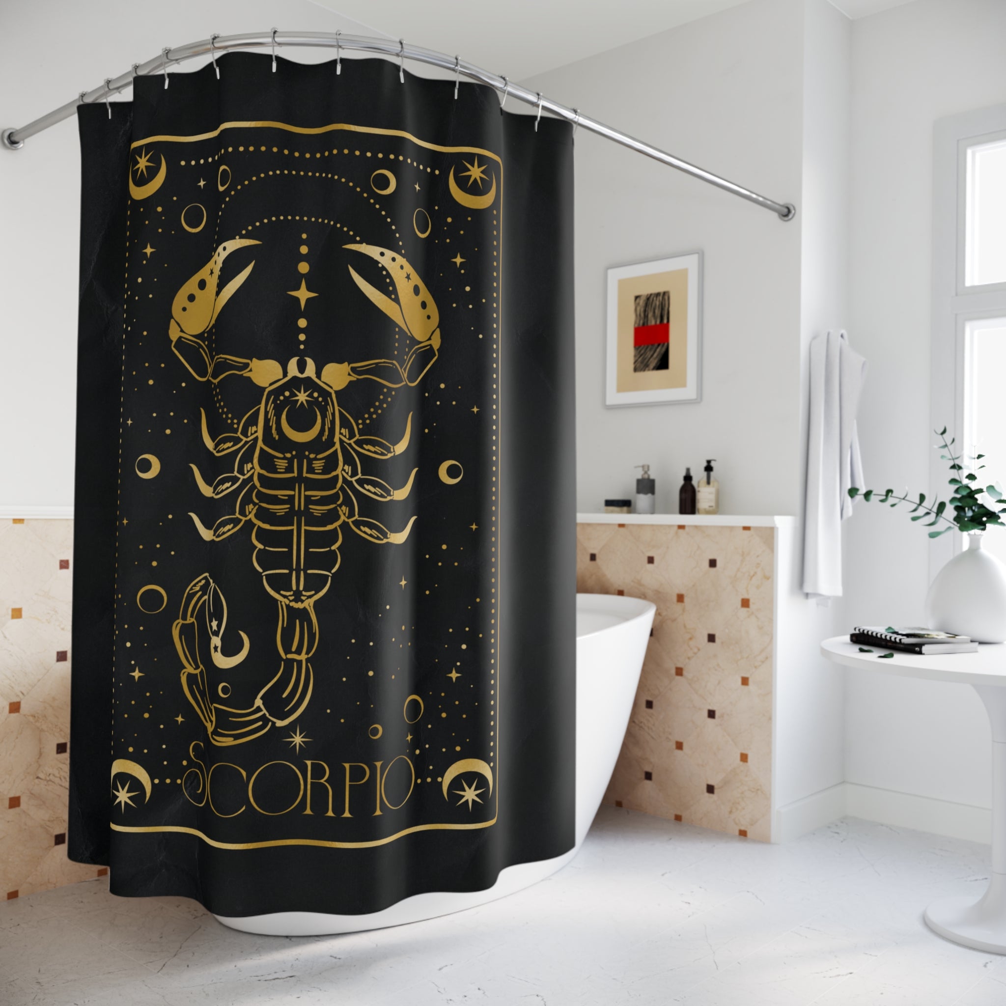 Scorpio Zodiac Shower Curtain — Gold Scorpion Astrology Bathroom Decor