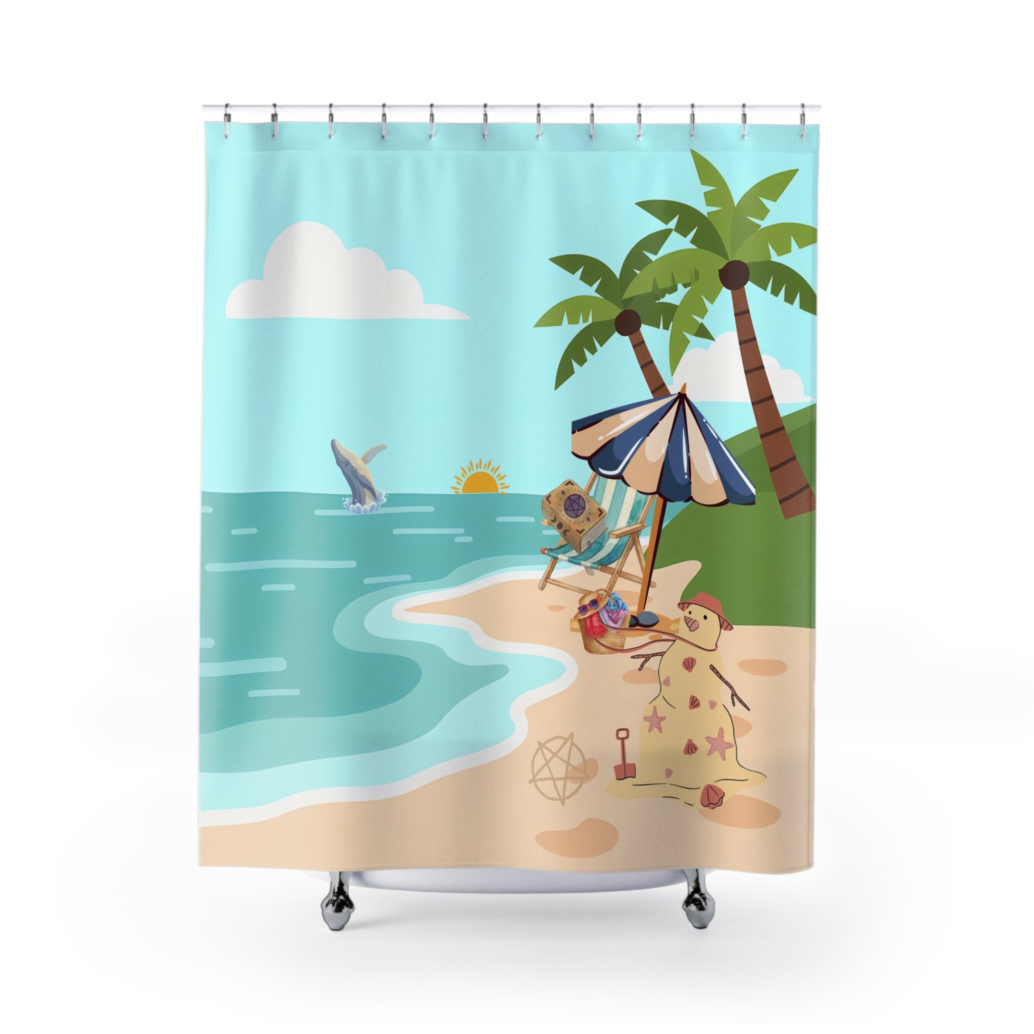 Beach Scene Shower Curtain — Tropical Palm, Umbrella & Sandperson Bathroom Decor