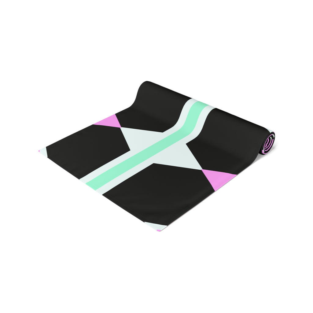 Geometric Pastel Stripe Table Runner — Modern Black, Mint & Pink Dining Accent