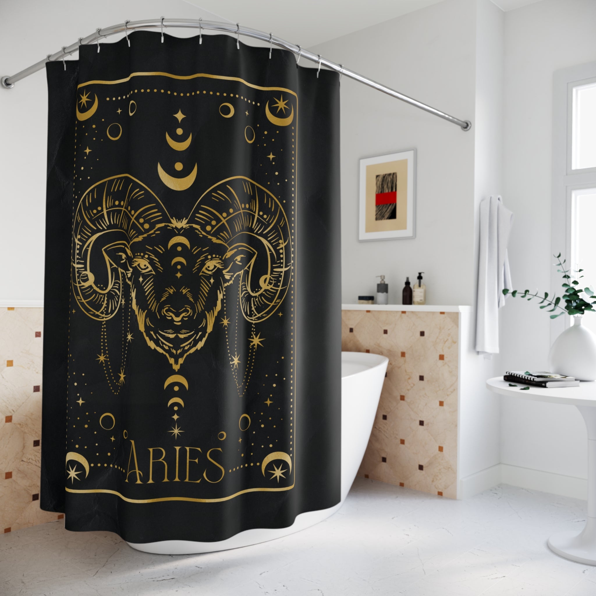 Aries Zodiac Shower Curtain — Gold Ram Astrology Bathroom Decor