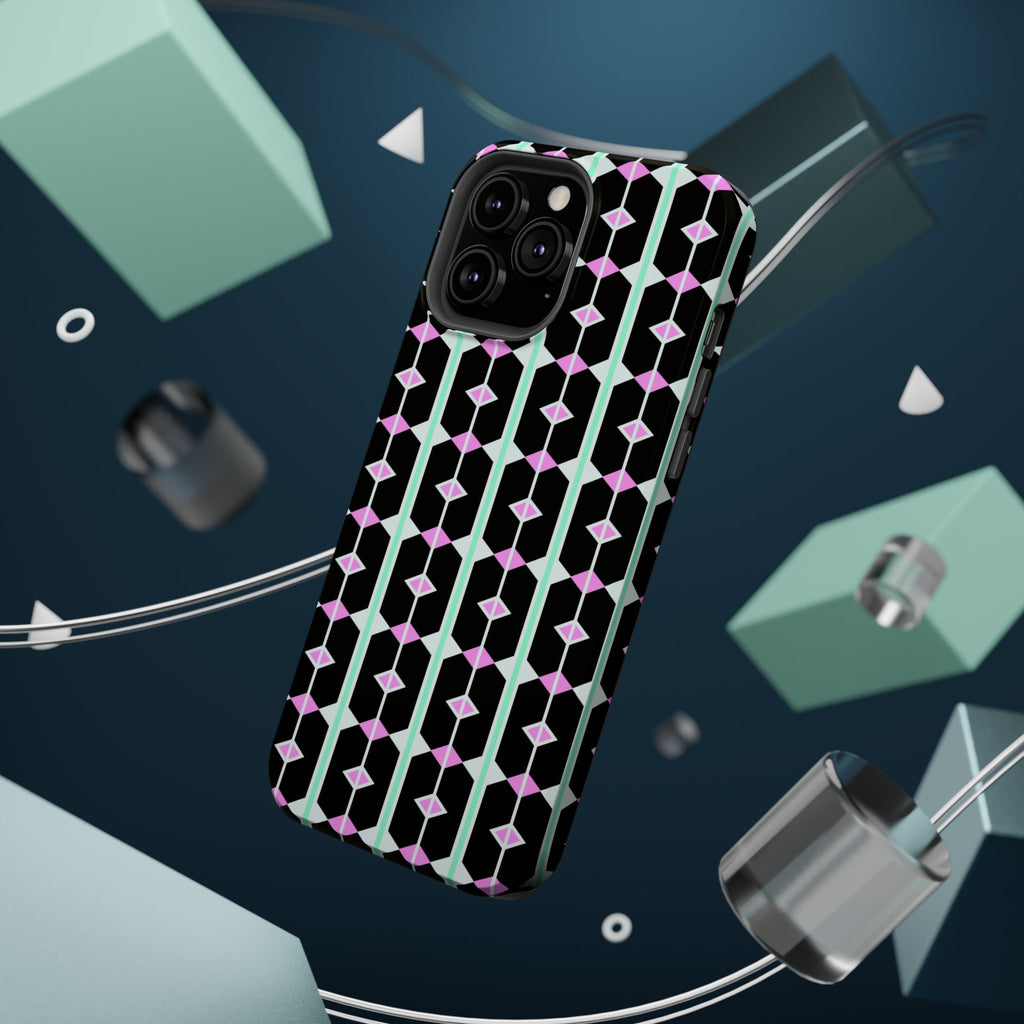 Geom Stripe Magnetic Phone Case — Black with Mint & Lavender Pattern