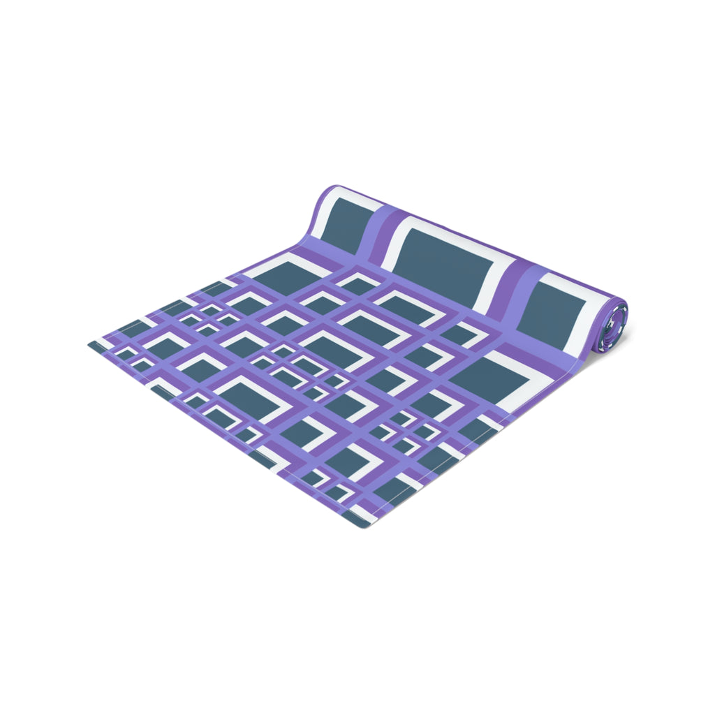 Geometric Purple Square Table Runner — Modern Retro Pattern Cotton-Poly Blend
