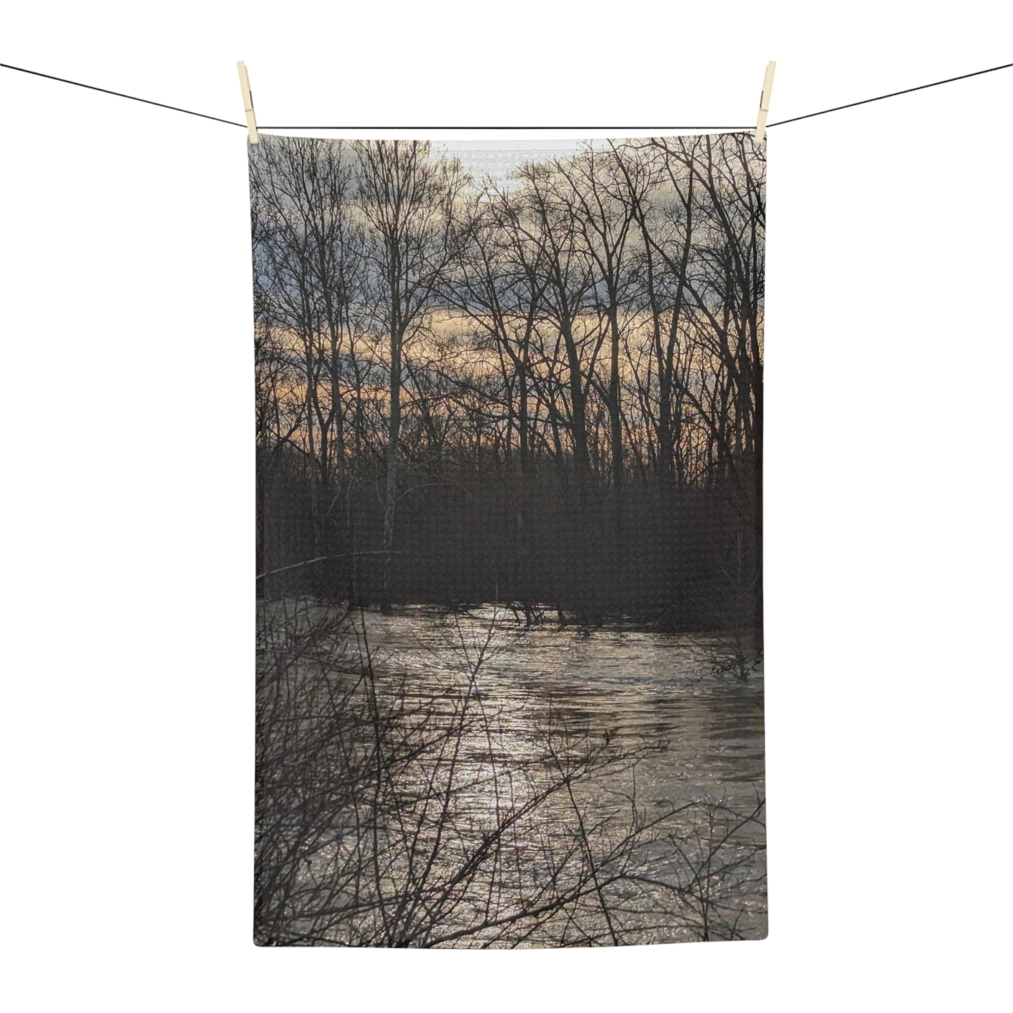 River Sunset Microfiber Tea Towel — Scenic Woodland Reflection Kitchen Towel