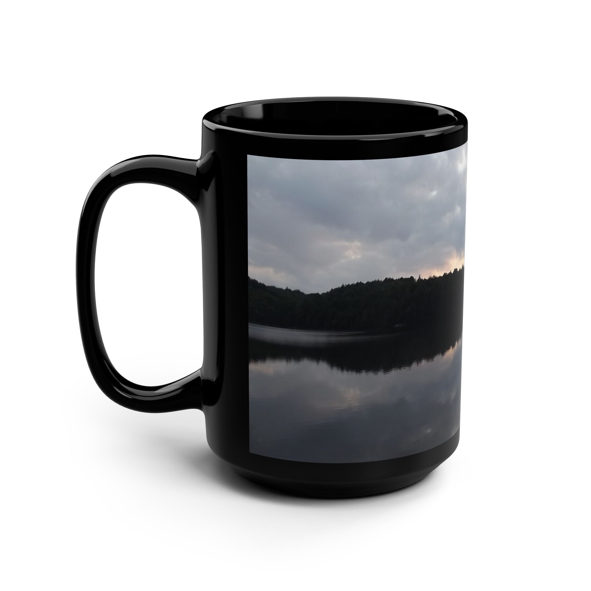 15oz Black Mug — Serene Lake Reflection Photo Coffee Cup