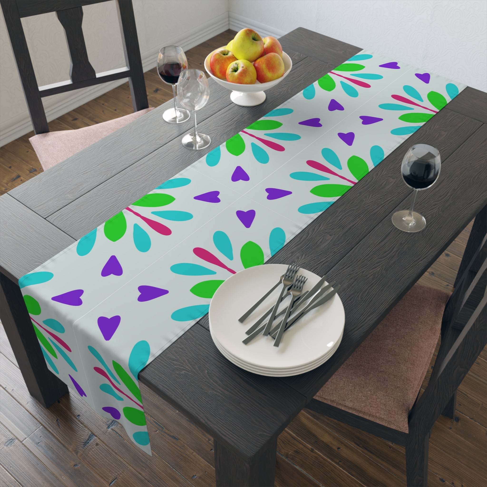 Floral Geometric Table Runner — Pastel Heart & Petal Pattern