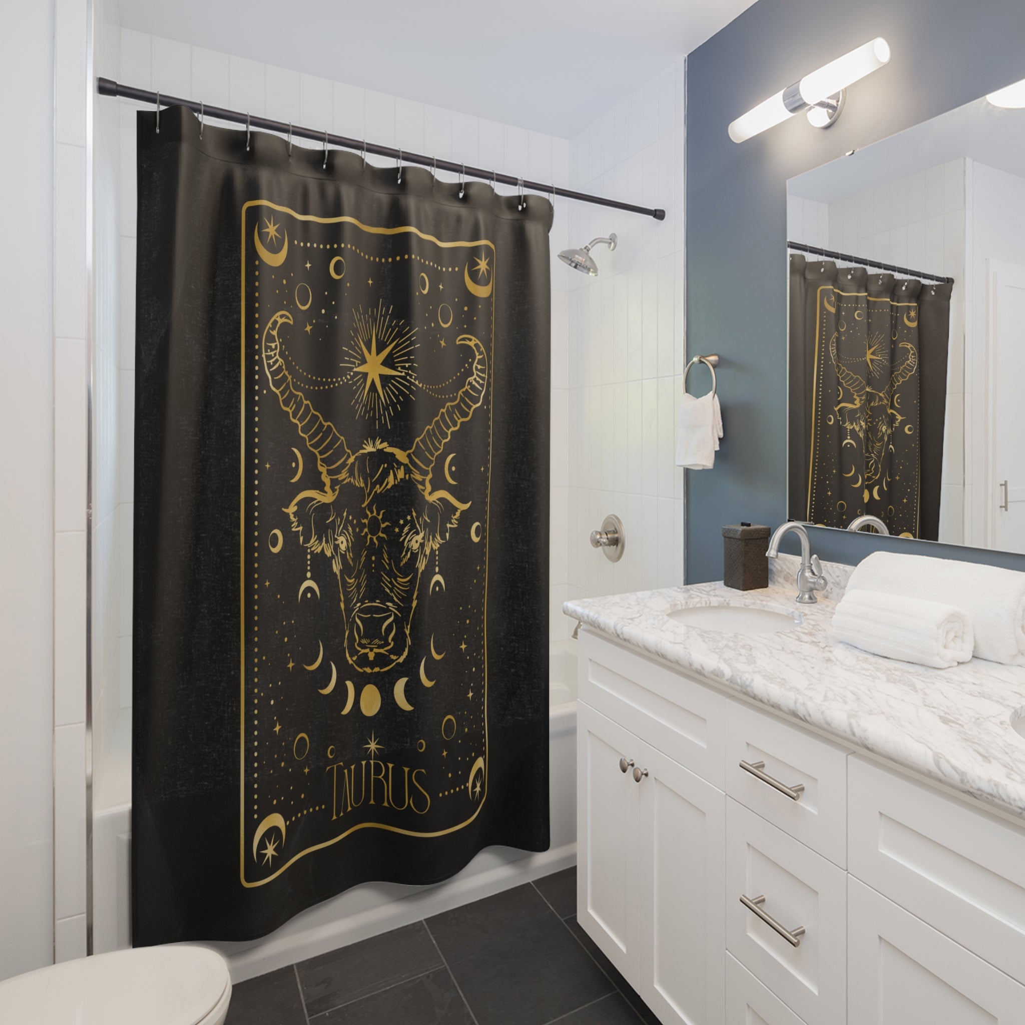 Taurus Zodiac Shower Curtain — Gold Celestial Bull Astrology Bathroom Decor