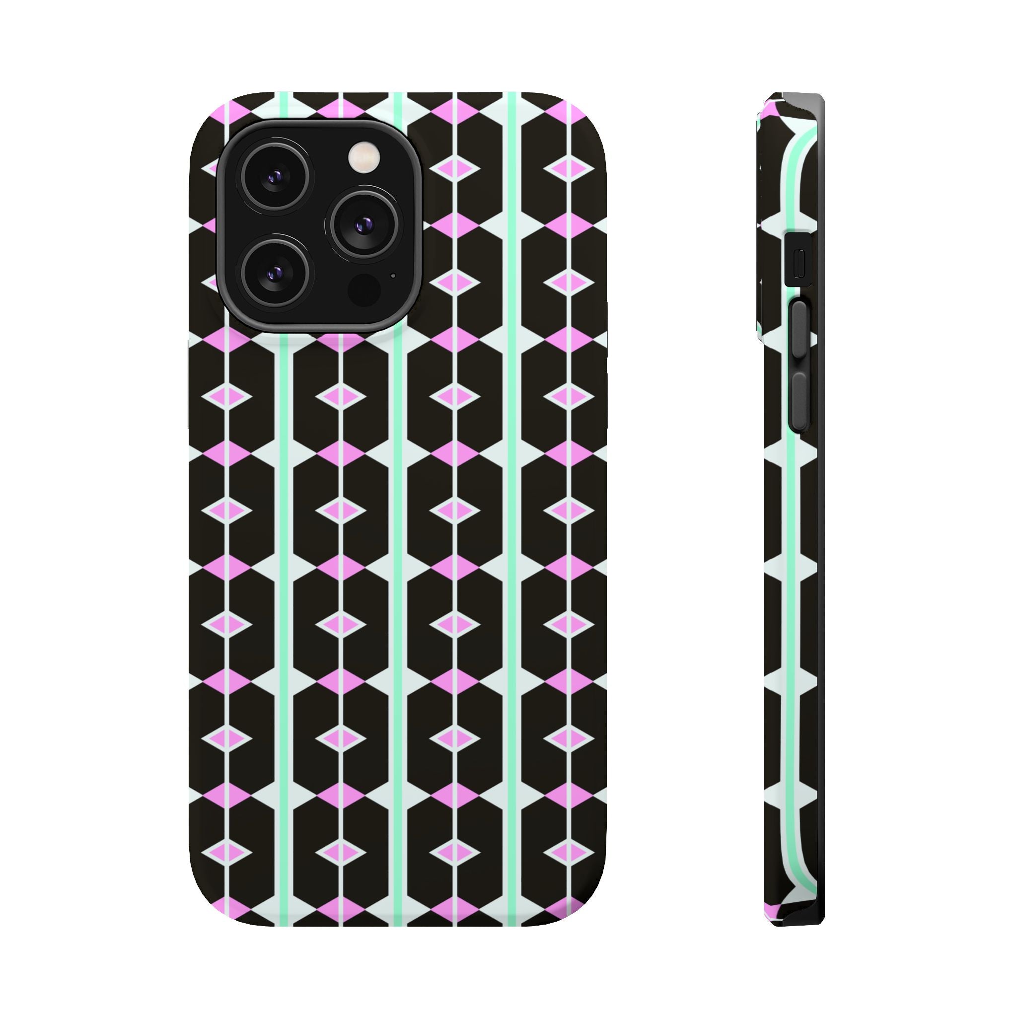 Geom Stripe Magnetic Phone Case — Black with Mint & Lavender Pattern