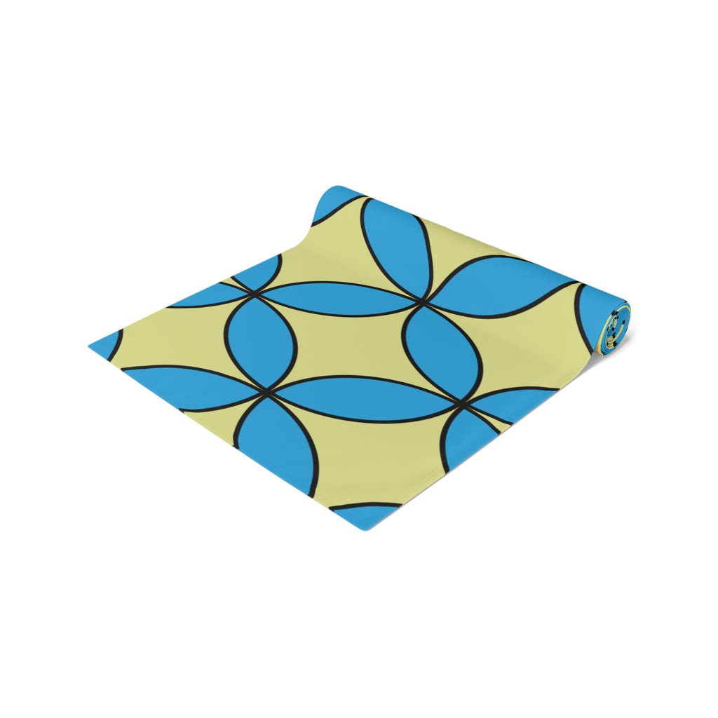 Geometric Blossom Table Runner — Blue & Lime Retro Pattern