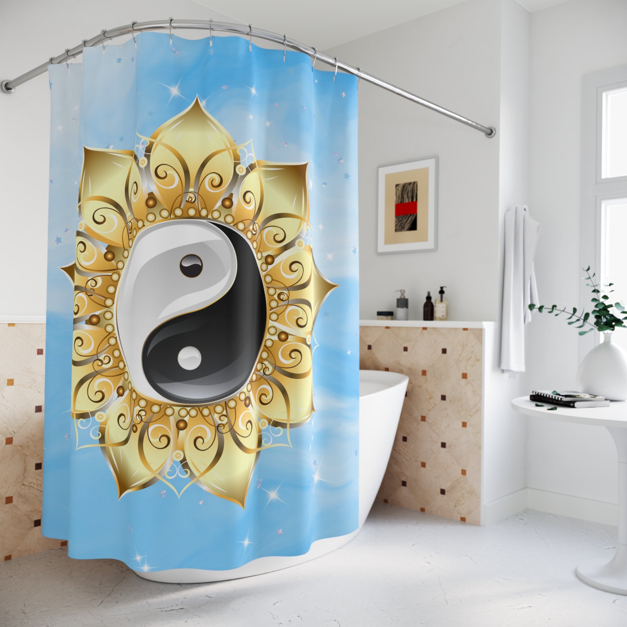 Yin Yang Lotus Shower Curtain — Zen Meditation Bathroom Decor