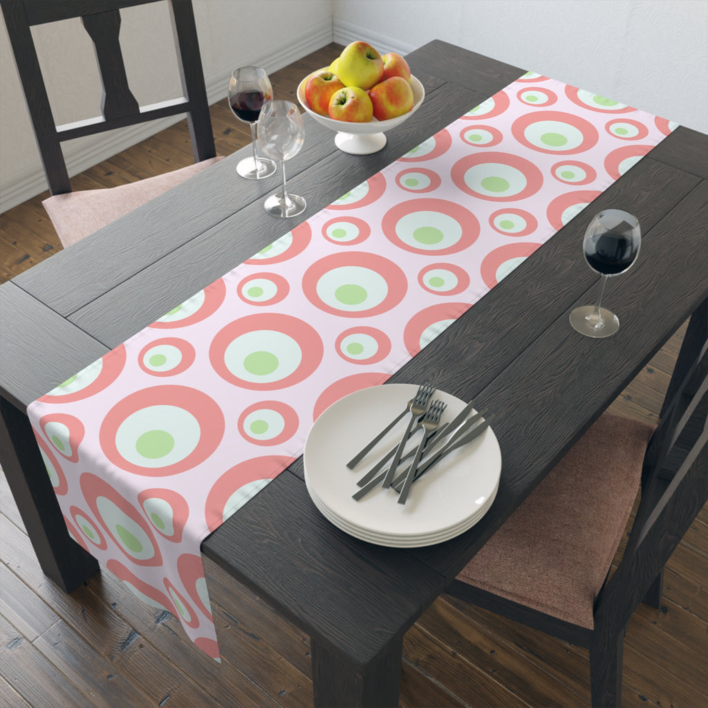 Retro Pink Circles Table Runner — Mid-Century Modern Dining Decor