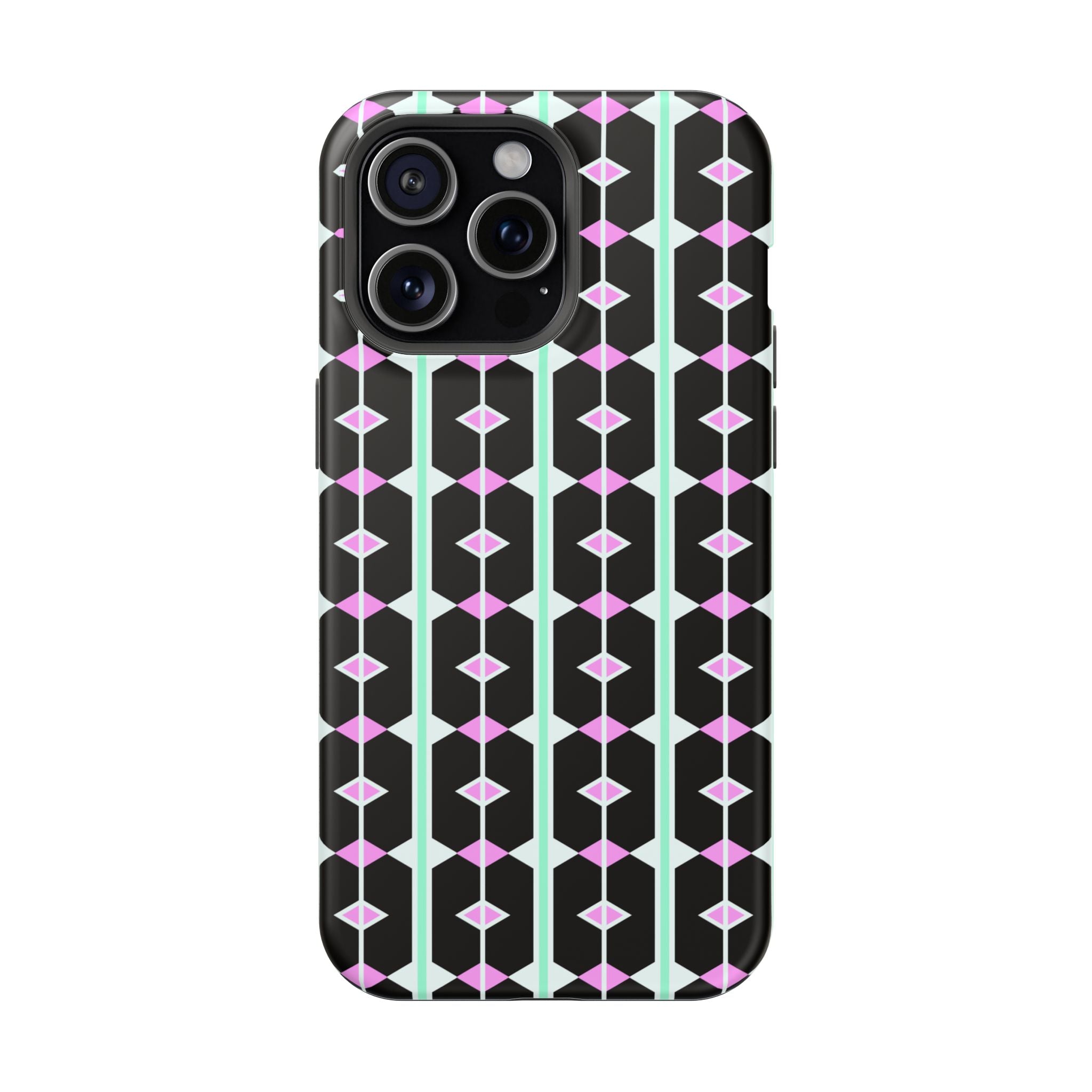 Geom Stripe Magnetic Phone Case — Black with Mint & Lavender Pattern