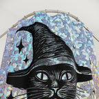 Holographic Witch Cat Shower Curtain — Black Cat in Witch Hat Halloween Bathroom Decor