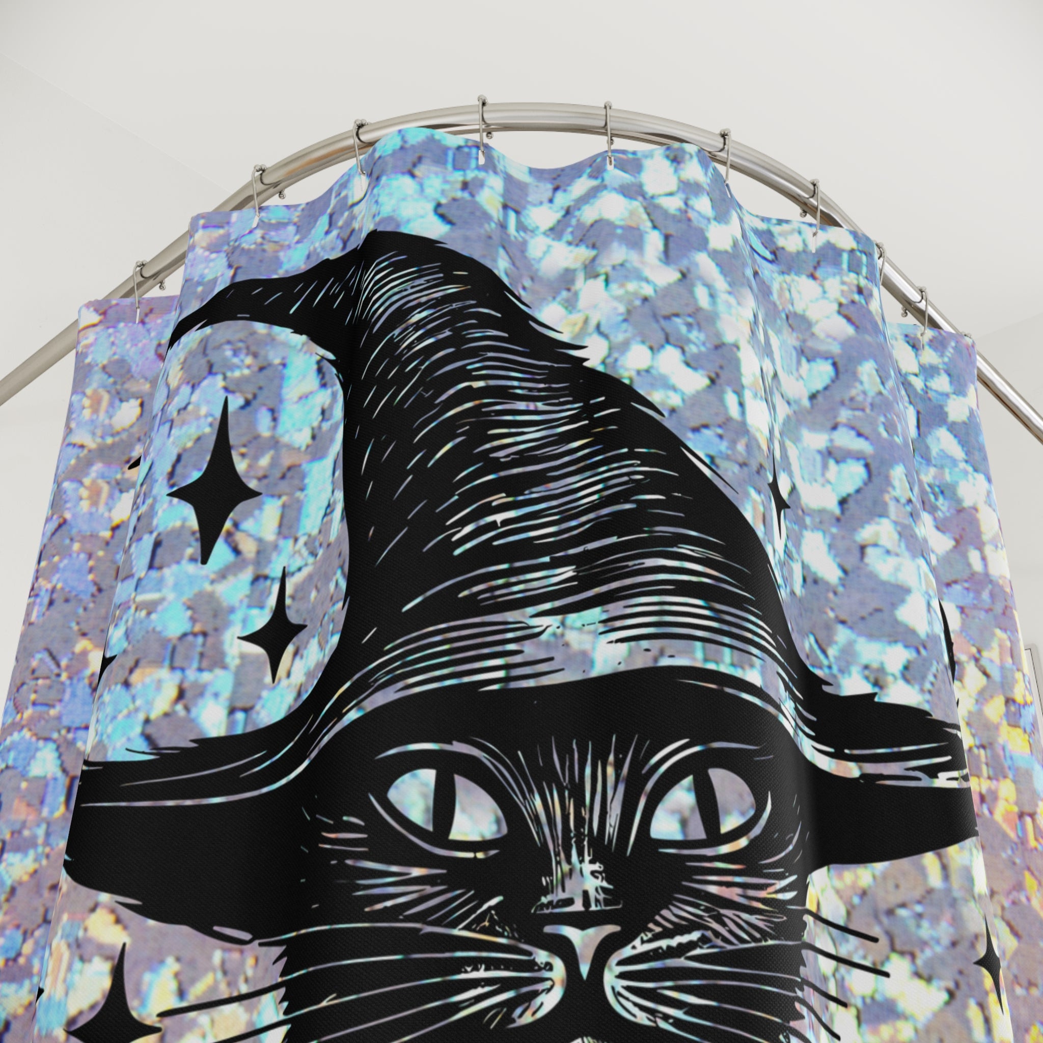 Holographic Witch Cat Shower Curtain — Black Cat in Witch Hat Halloween Bathroom Decor