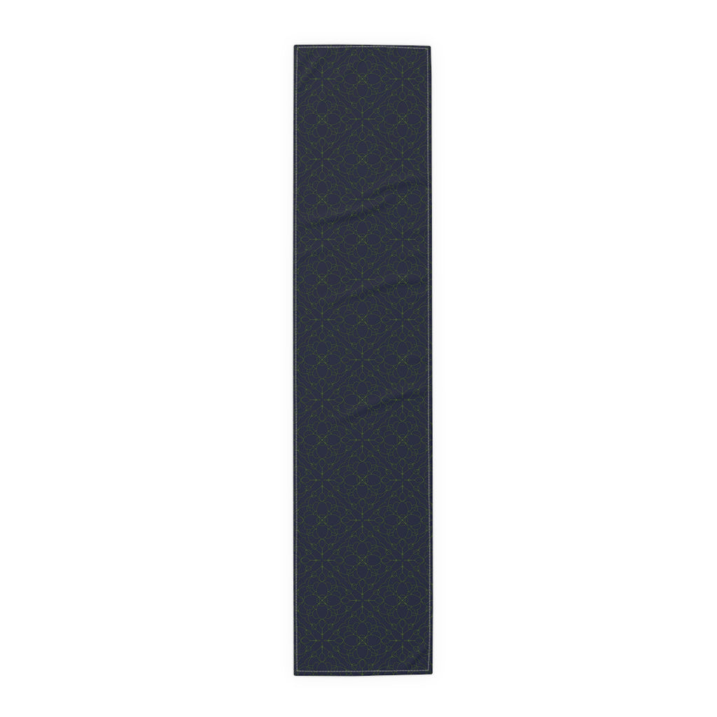 Geometric Starry Night Table Runner — Navy & Lime Cotton-Poly Blend