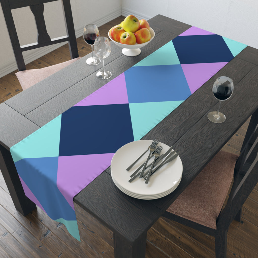 Pastel Geometric Table Runner — Blue Lavender Diamond Pattern