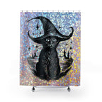 Holographic Witch Cat Shower Curtain — Black Cat in Witch Hat Halloween Bathroom Decor