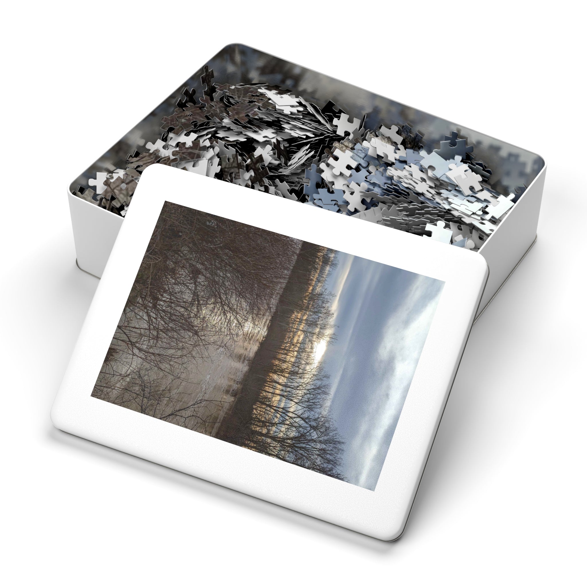 Scenic Winter Marsh Jigsaw Puzzle with Tin - Tranquil Lake Sunset
