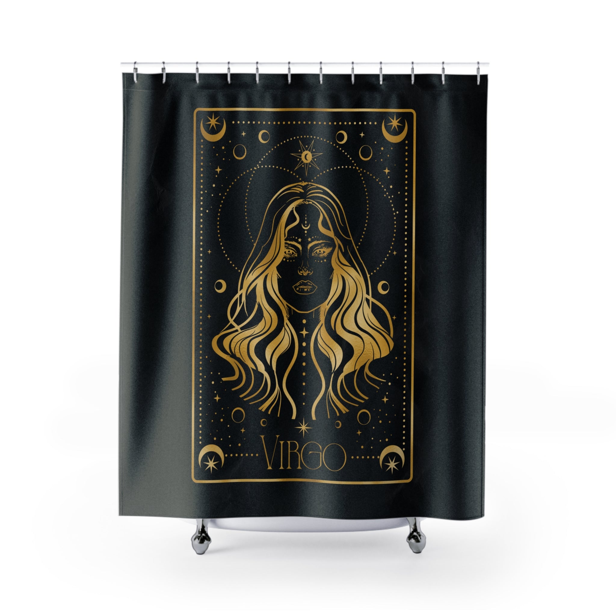 Virgo Zodiac Shower Curtain — Gold Astrology Bath Decor