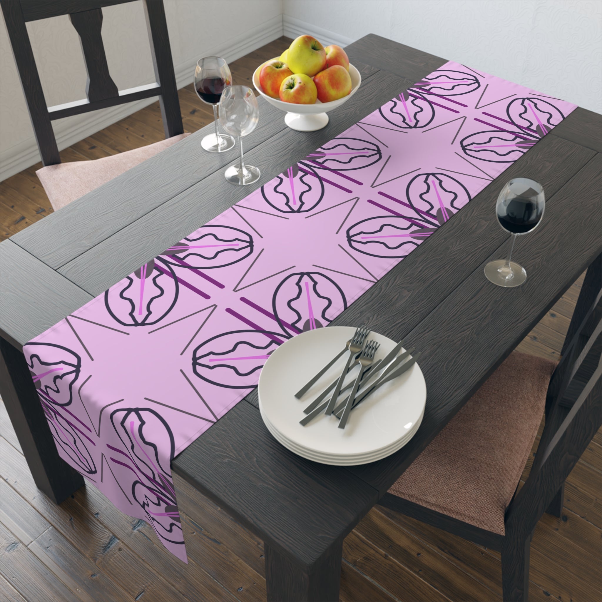 Pink Floral Geometric Table Runner — Modern Blossom Dining Decor