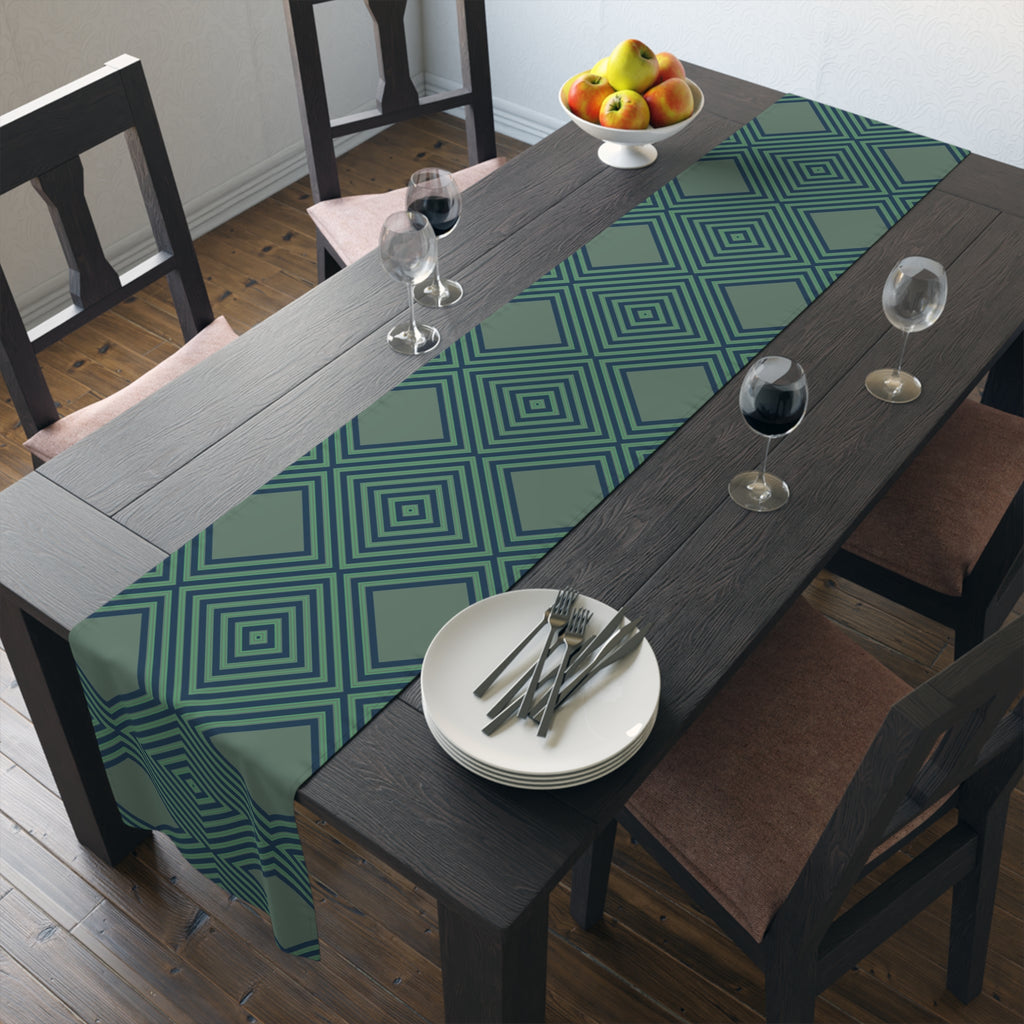 Geometric Diamond Table Runner — Modern Teal Cotton-Poly Accent