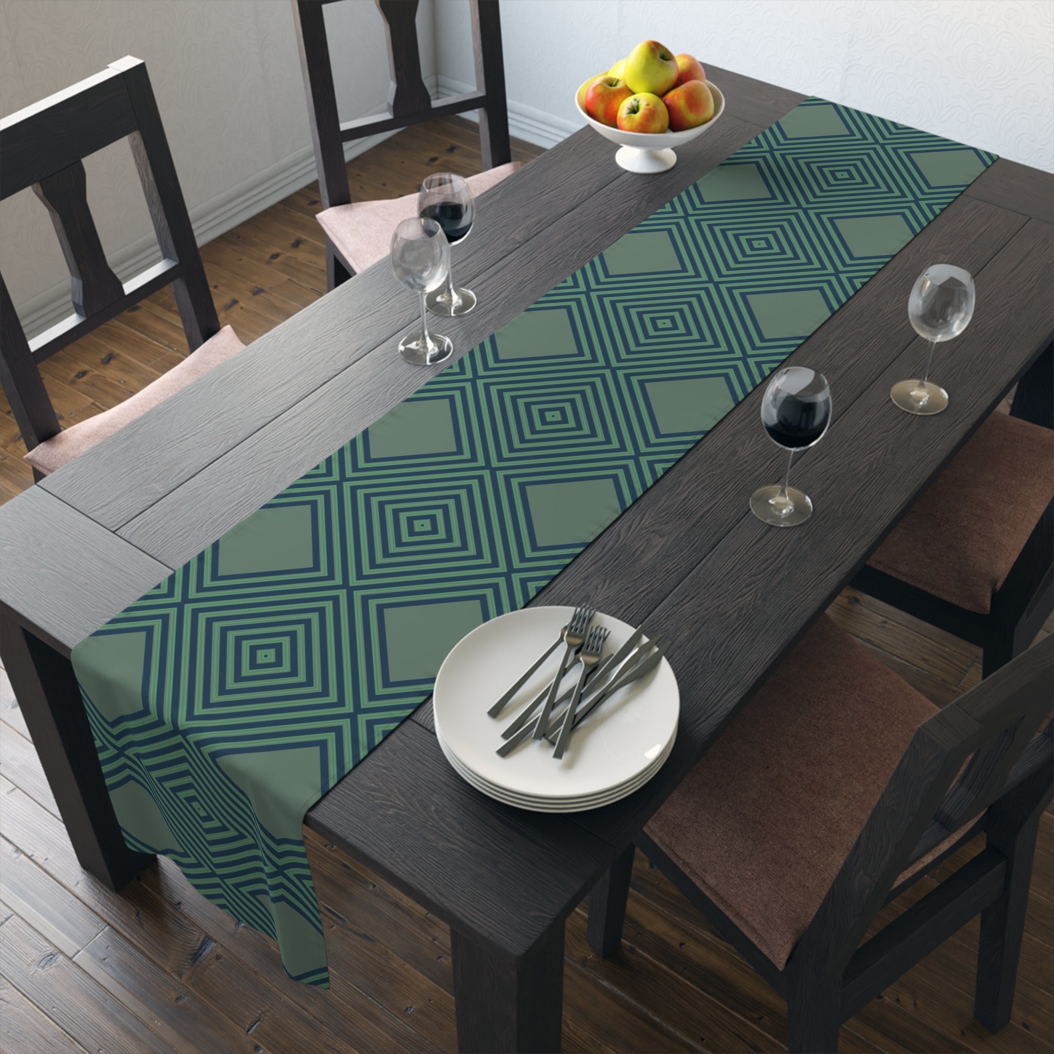 Geometric Diamond Table Runner — Modern Teal Cotton-Poly Accent