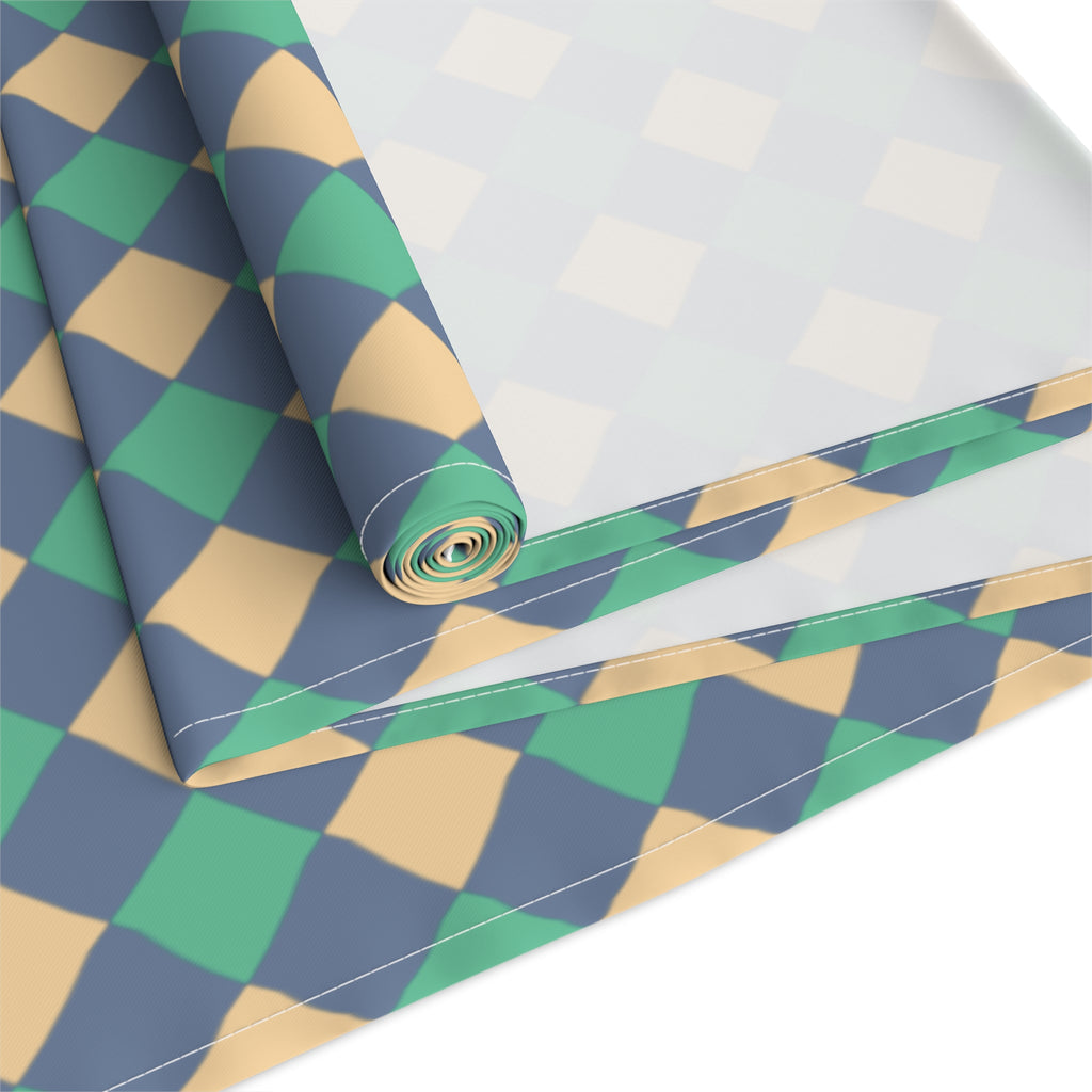 Diamond Check Table Runner — Retro Teal & Mustard Geometric Dining Decor