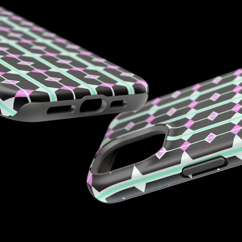 Geom Stripe Magnetic Phone Case — Black with Mint & Lavender Pattern