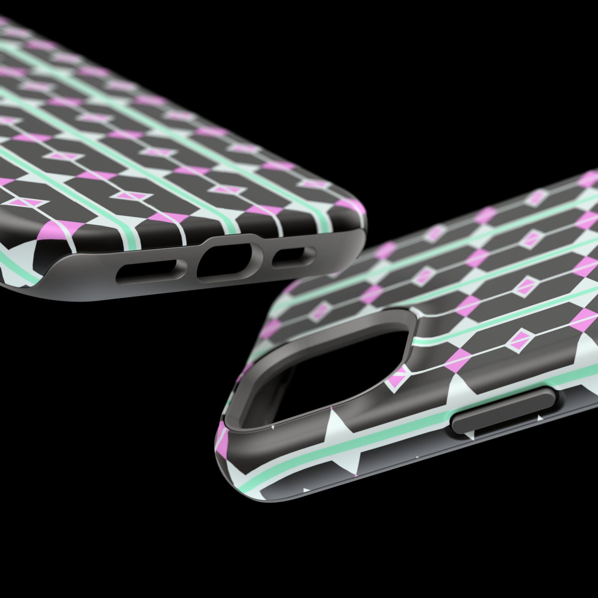 Geom Stripe Magnetic Phone Case — Black with Mint & Lavender Pattern