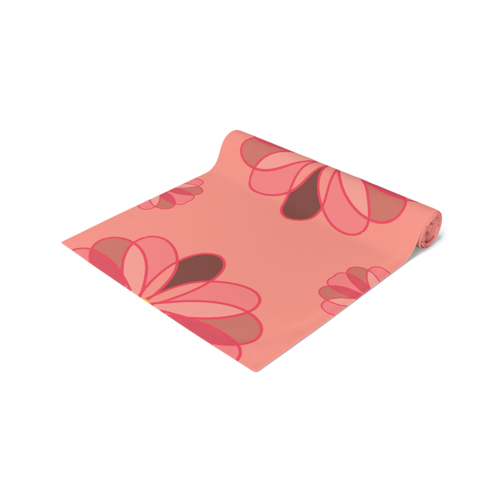Pink Floral Table Runner — Retro Flower Pattern Cotton-Poly Table Runner