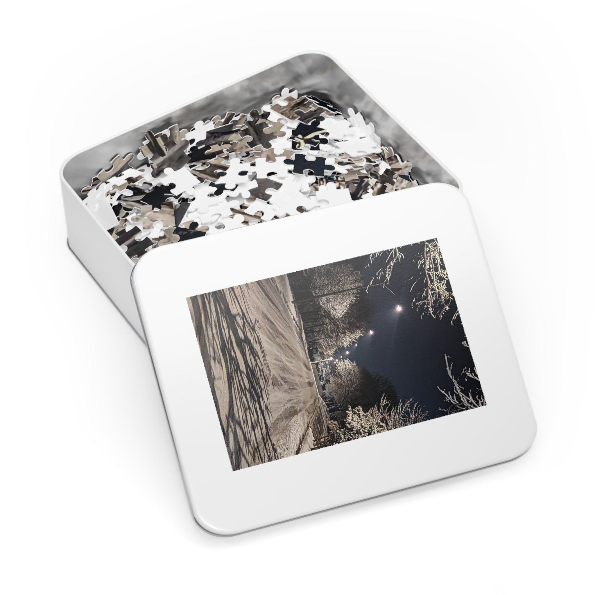 Snowy Winter Night Street Jigsaw Puzzle with Tin