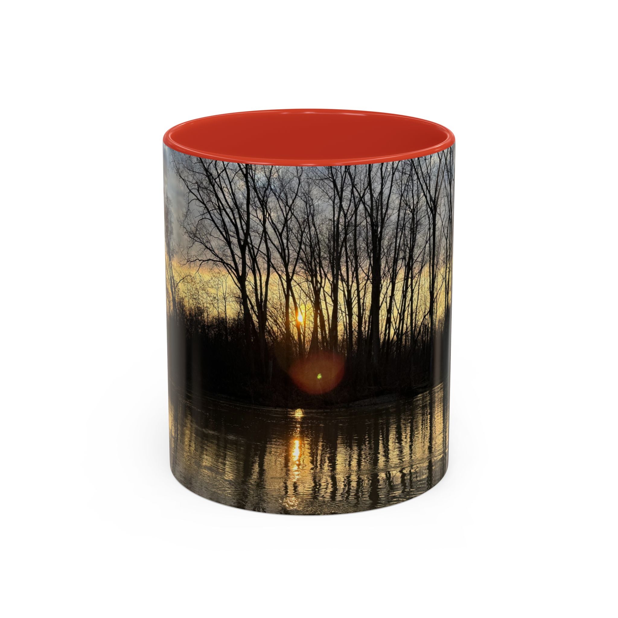Sunset Reflection Coffee Mug — Forest Silhouette Accent Mug