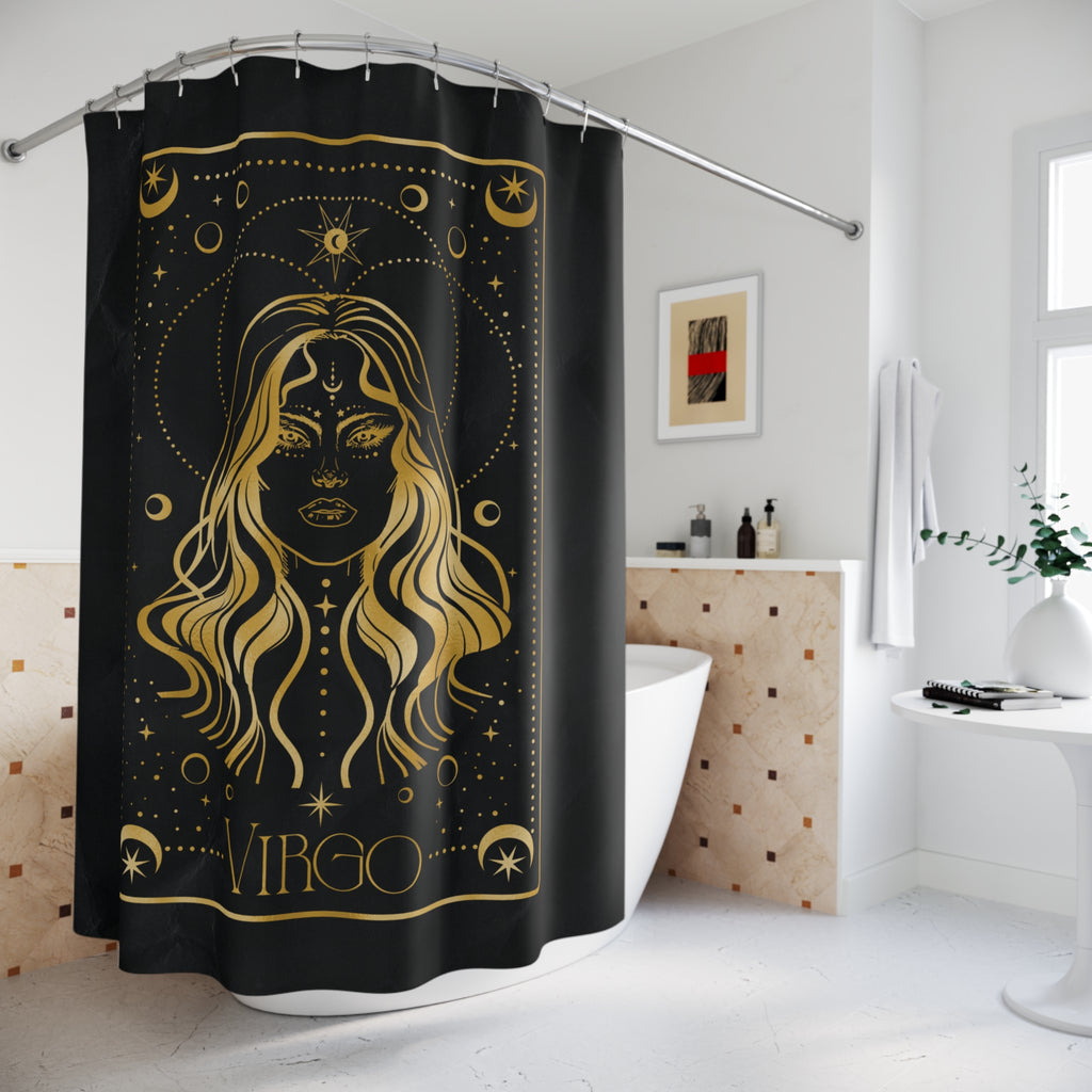 Virgo Zodiac Shower Curtain — Gold Astrology Bath Decor