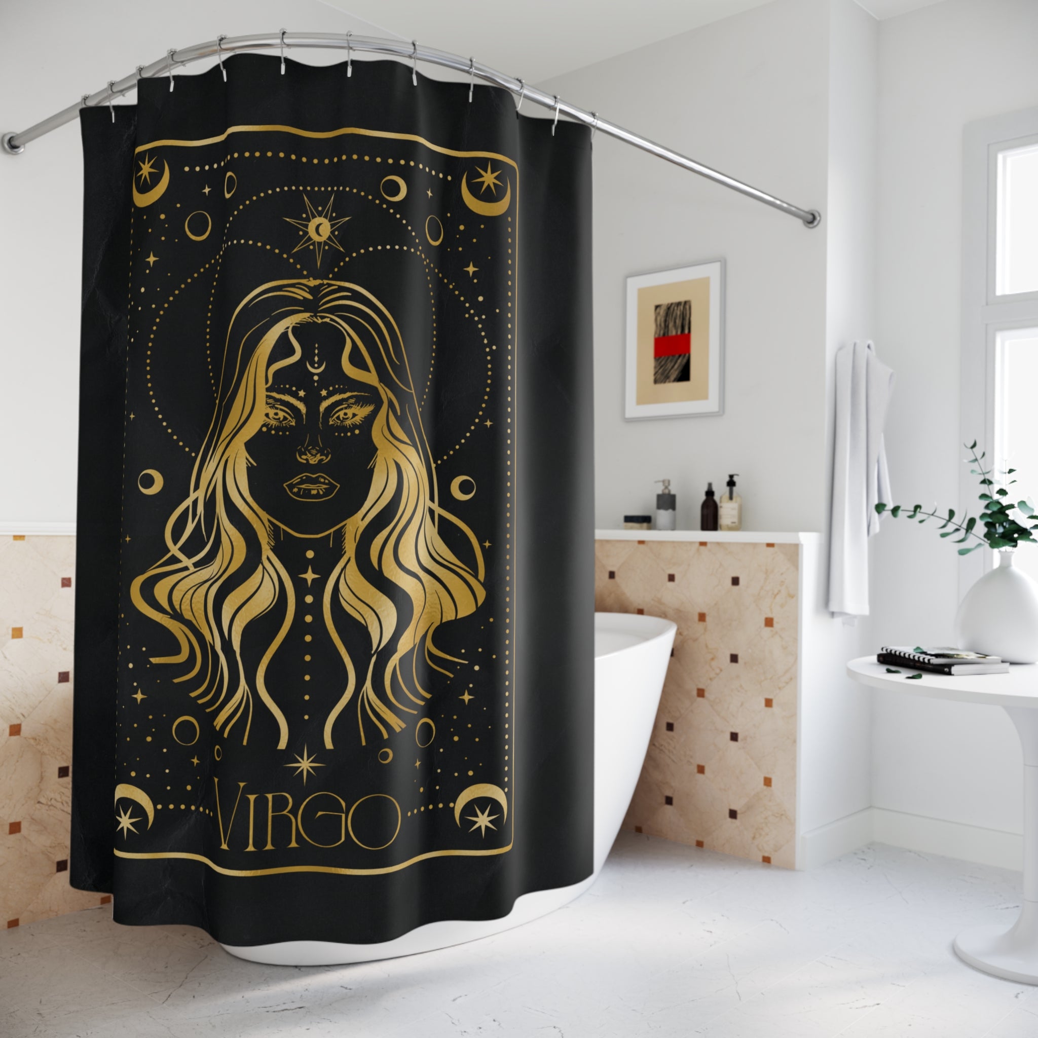 Virgo Zodiac Shower Curtain — Gold Astrology Bath Decor