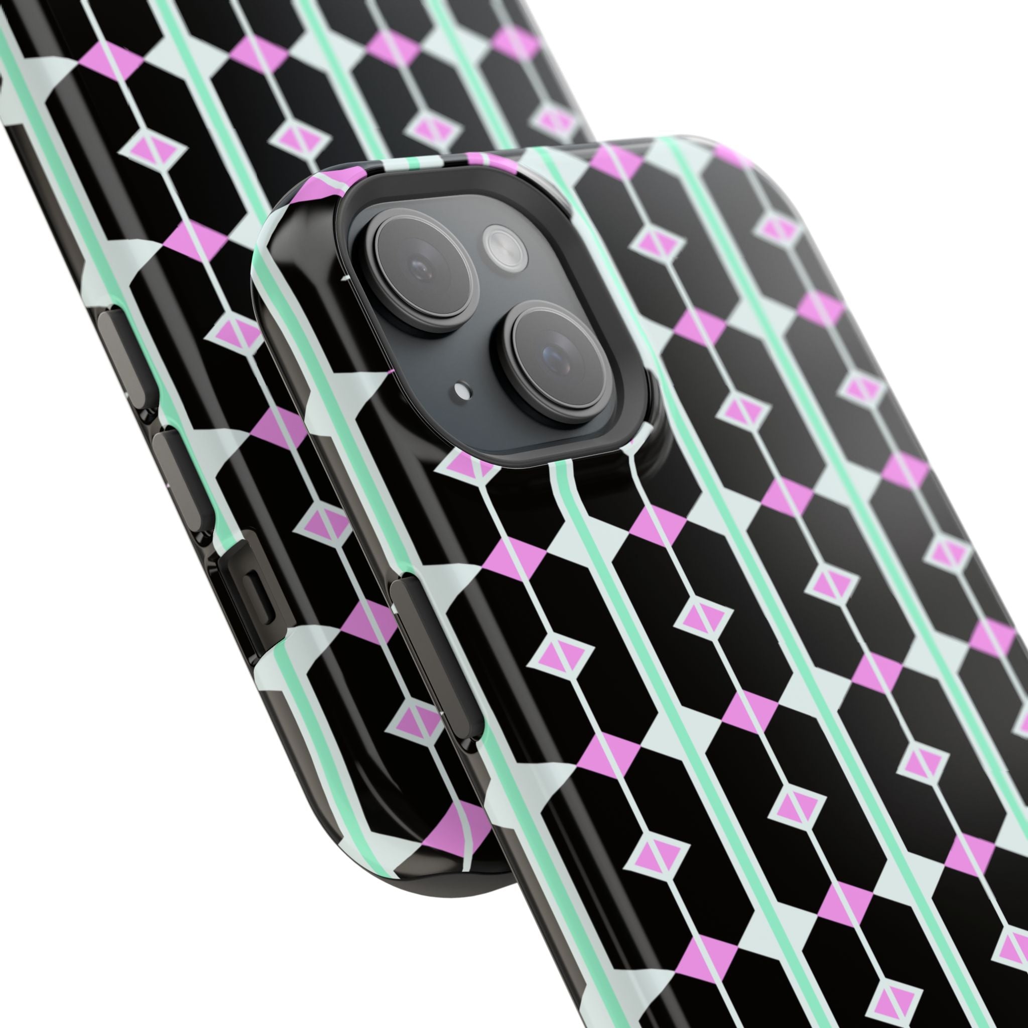 Geom Stripe Magnetic Phone Case — Black with Mint & Lavender Pattern