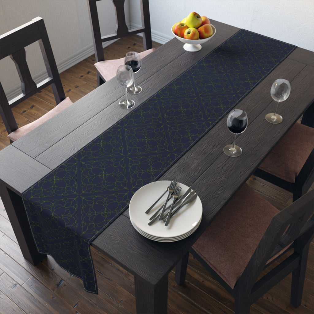 Geometric Starry Night Table Runner — Navy & Lime Cotton-Poly Blend