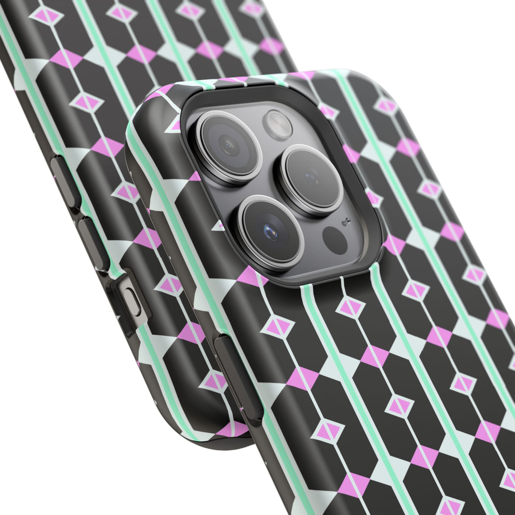Geom Stripe Magnetic Phone Case — Black with Mint & Lavender Pattern