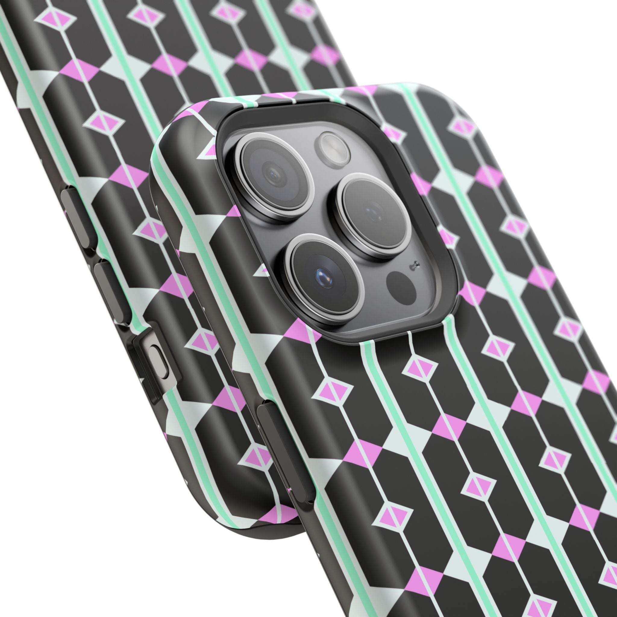 Geom Stripe Magnetic Phone Case — Black with Mint & Lavender Pattern