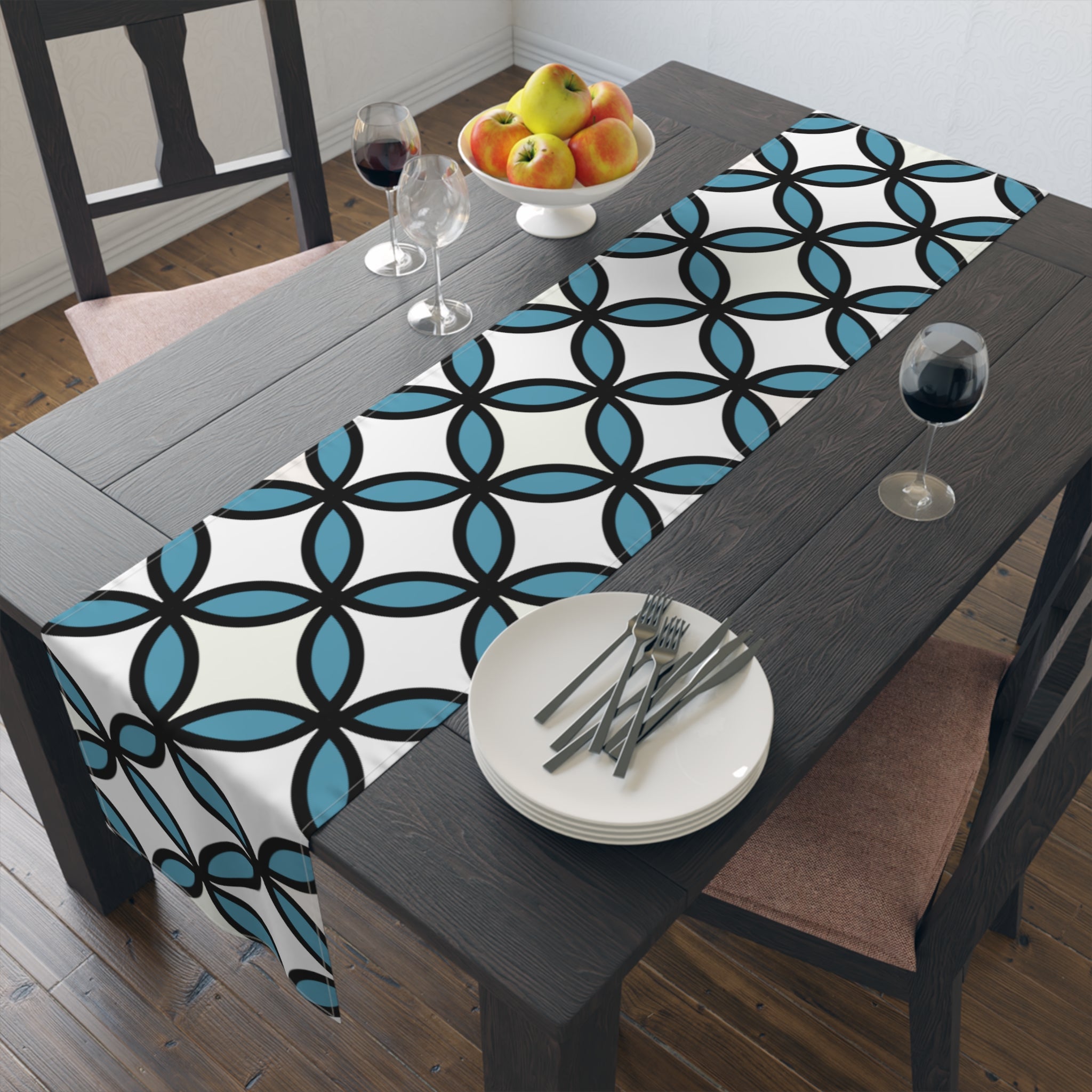 Geometric Blue Trellis Table Runner — Modern Mid-Century Dining Accent