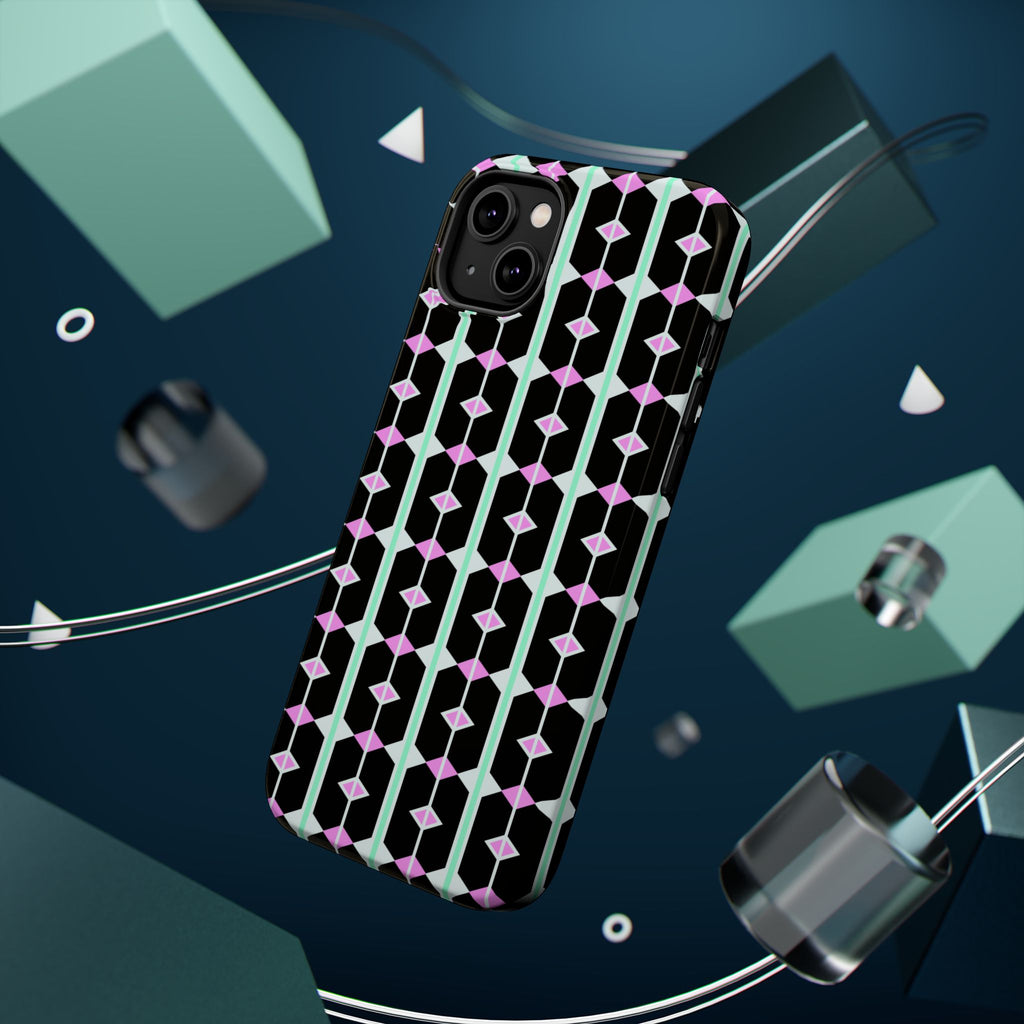 Geom Stripe Magnetic Phone Case — Black with Mint & Lavender Pattern