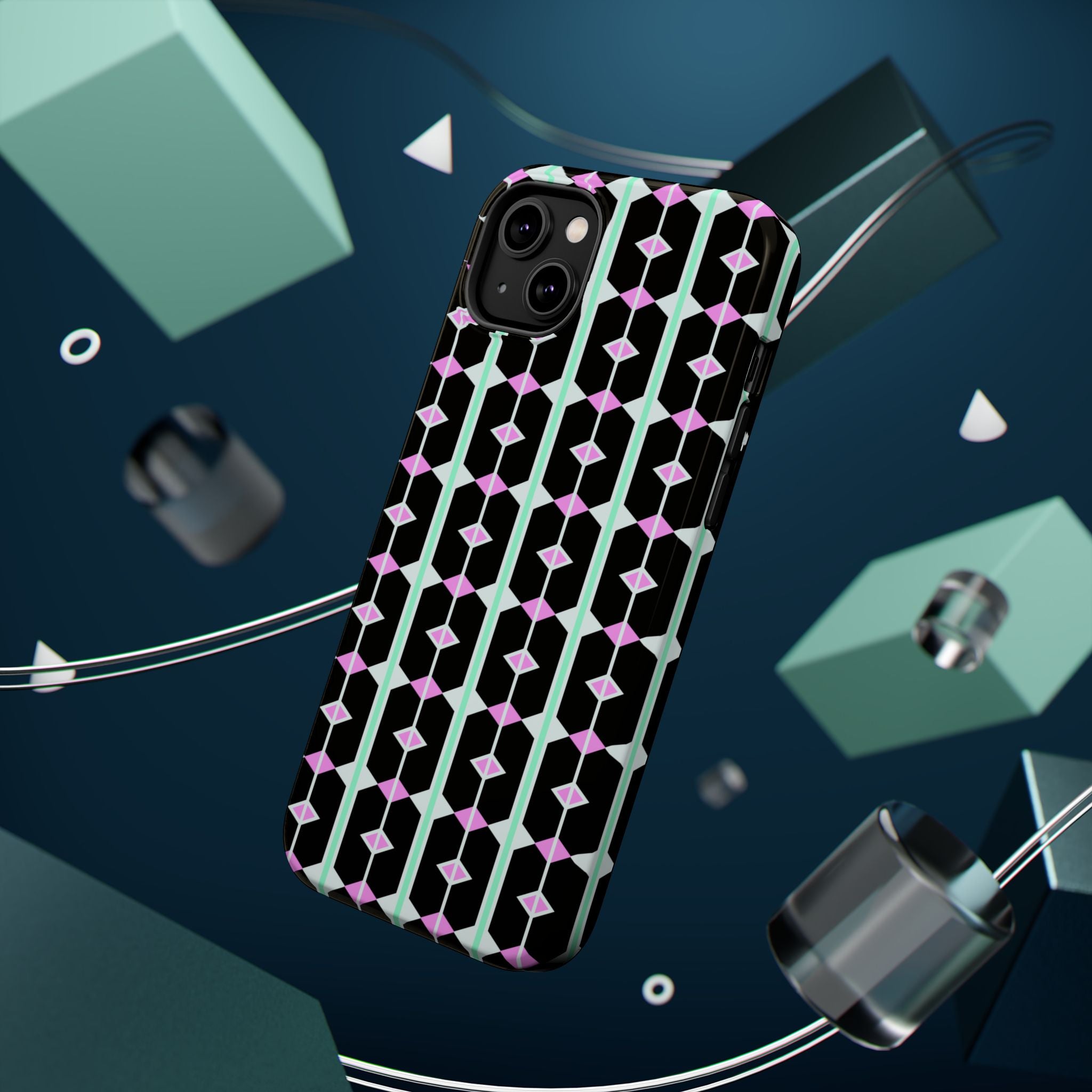 Geom Stripe Magnetic Phone Case — Black with Mint & Lavender Pattern
