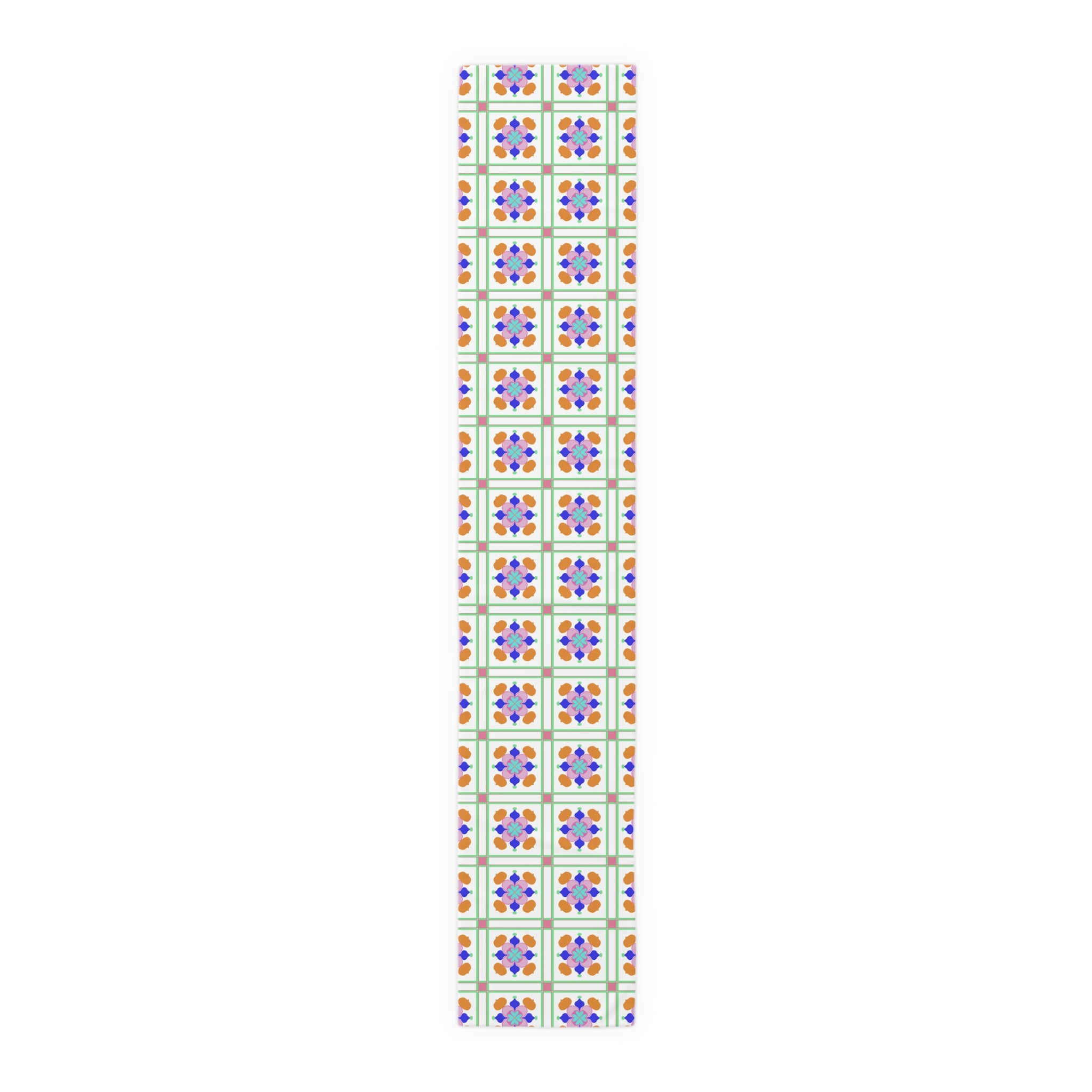 Floral Tile Table Runner — Retro Pastel Pattern Cotton-Poly Blend