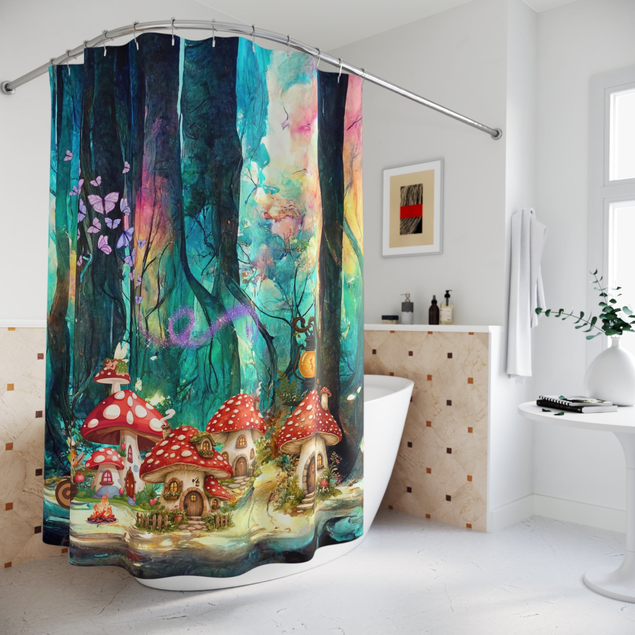 Whimsical Mushroom Grove Shower Curtain — Fantasy Forest Bathroom Decor