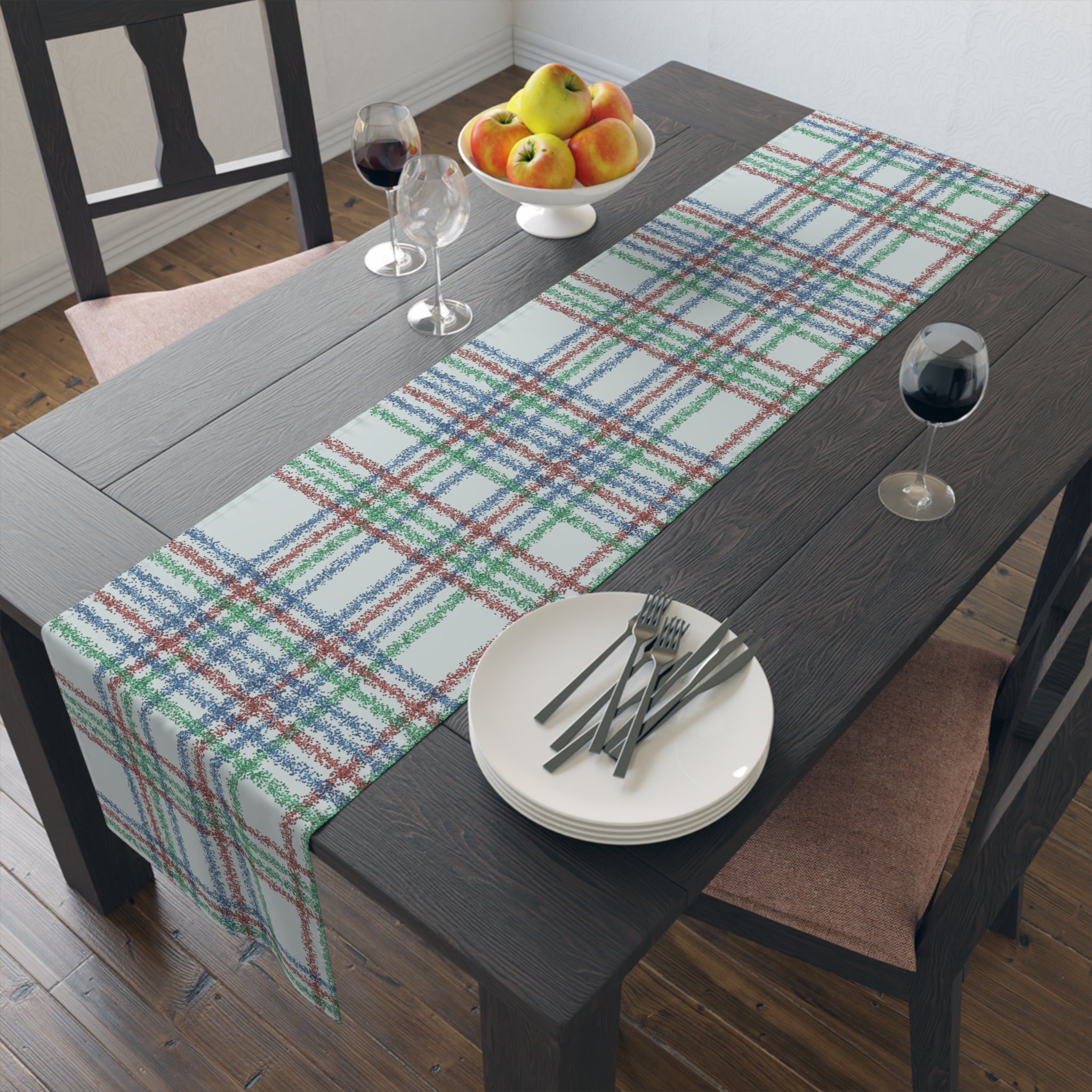 Festive Plaid Table Runner — Red, Green & Blue Holiday Plaid Cotton-Poly Blend