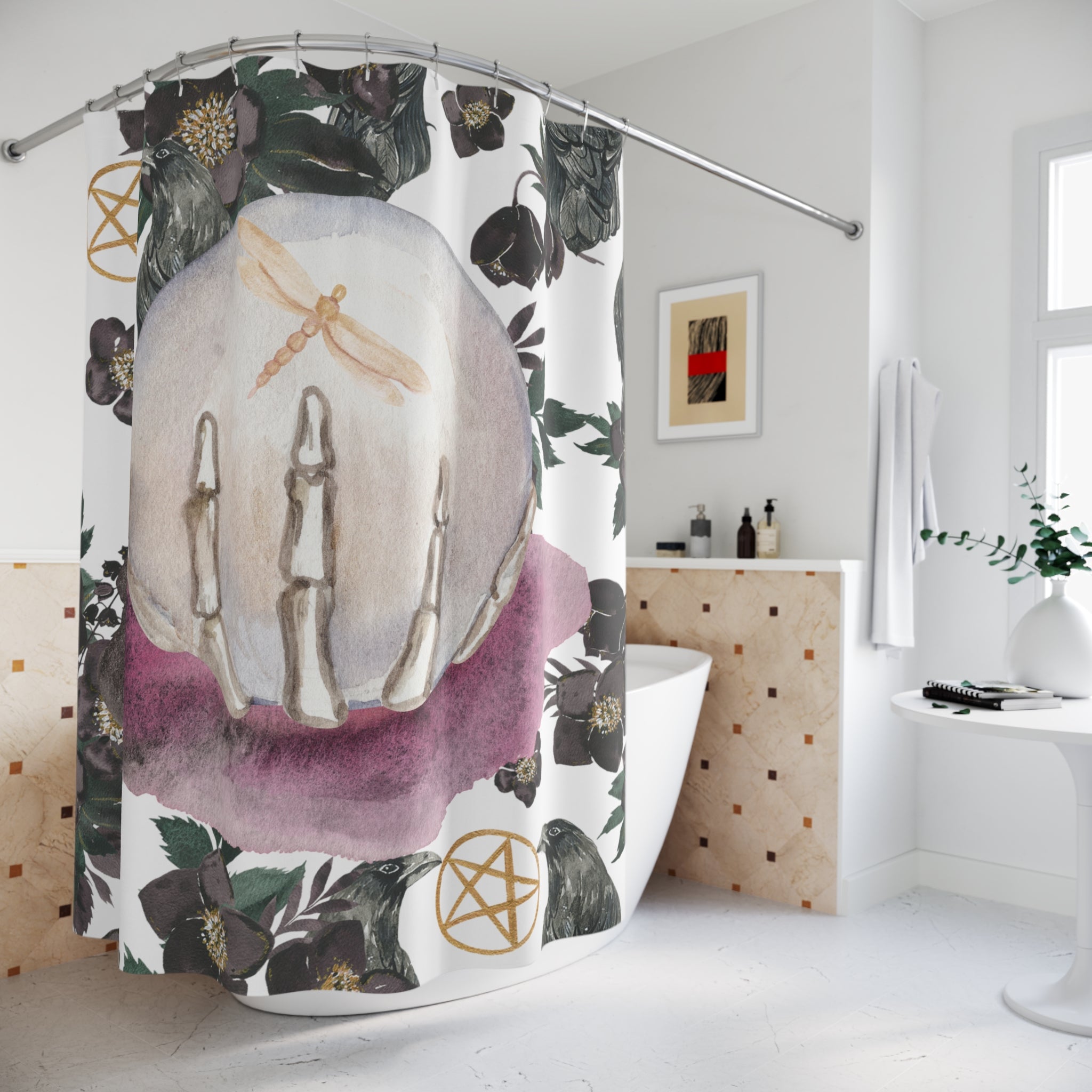Witchy Crystal Ball Shower Curtain – Gothic Floral, Pentacle & Dragonfly Bath Decor