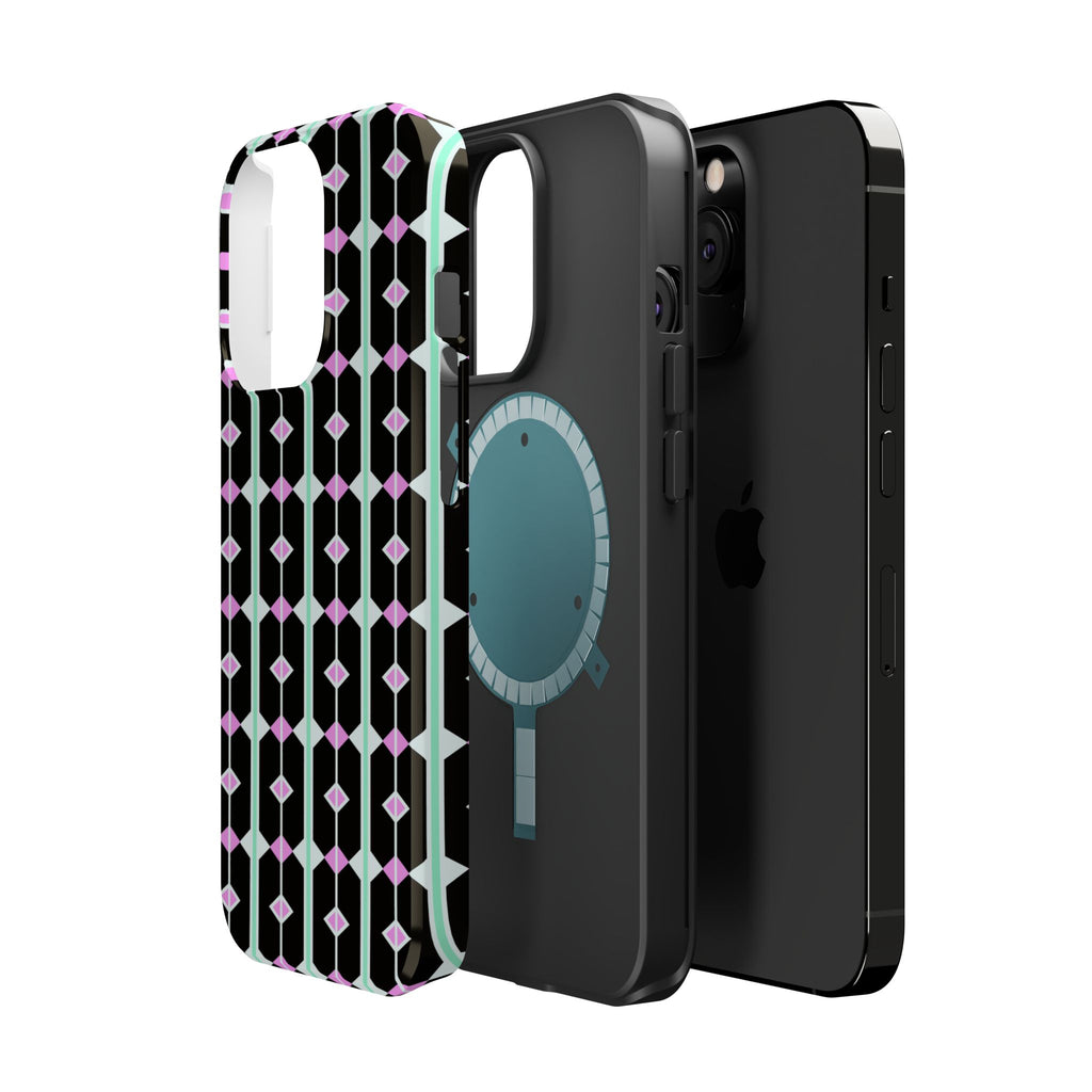 Geom Stripe Magnetic Phone Case — Black with Mint & Lavender Pattern