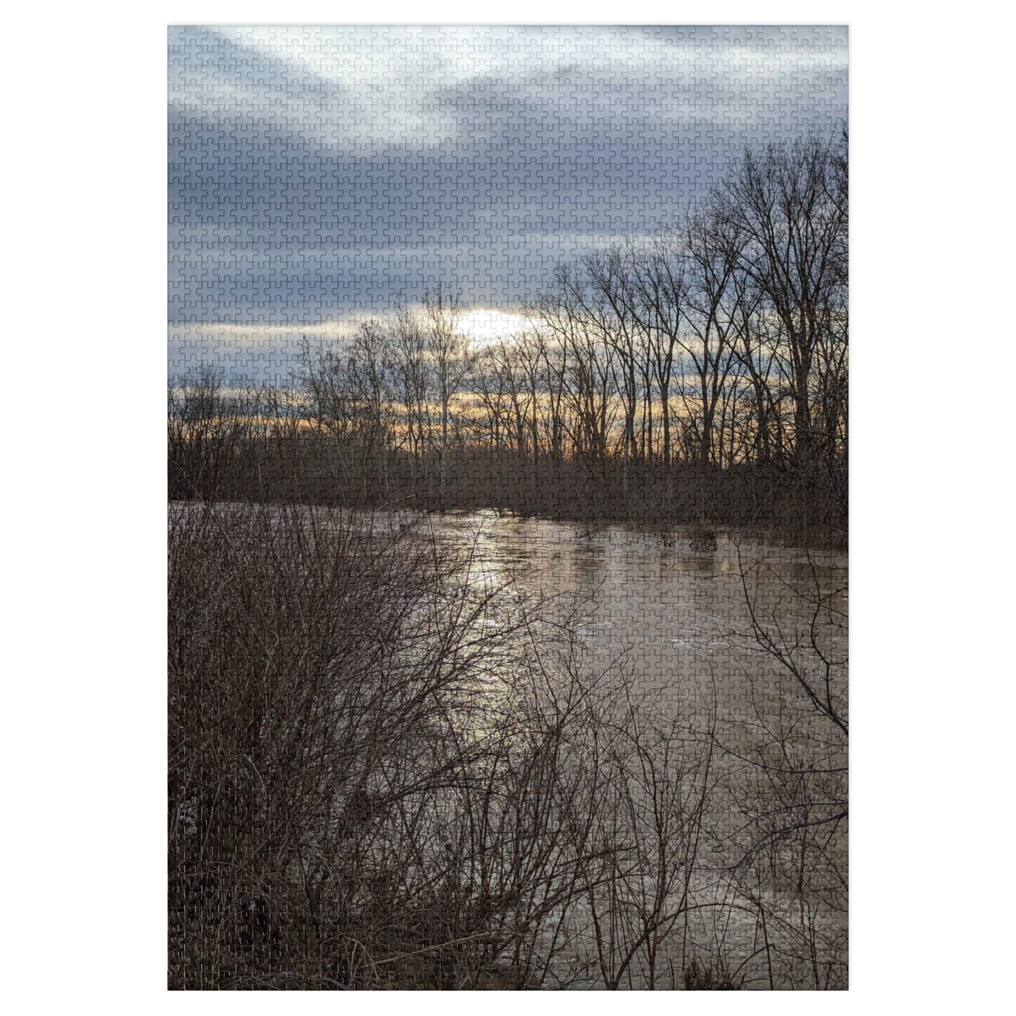 Scenic Winter Marsh Jigsaw Puzzle with Tin - Tranquil Lake Sunset