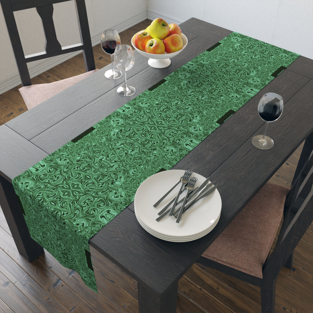 Emerald Marble Table Runner — Green Swirl Cotton-Poly Dining Decor
