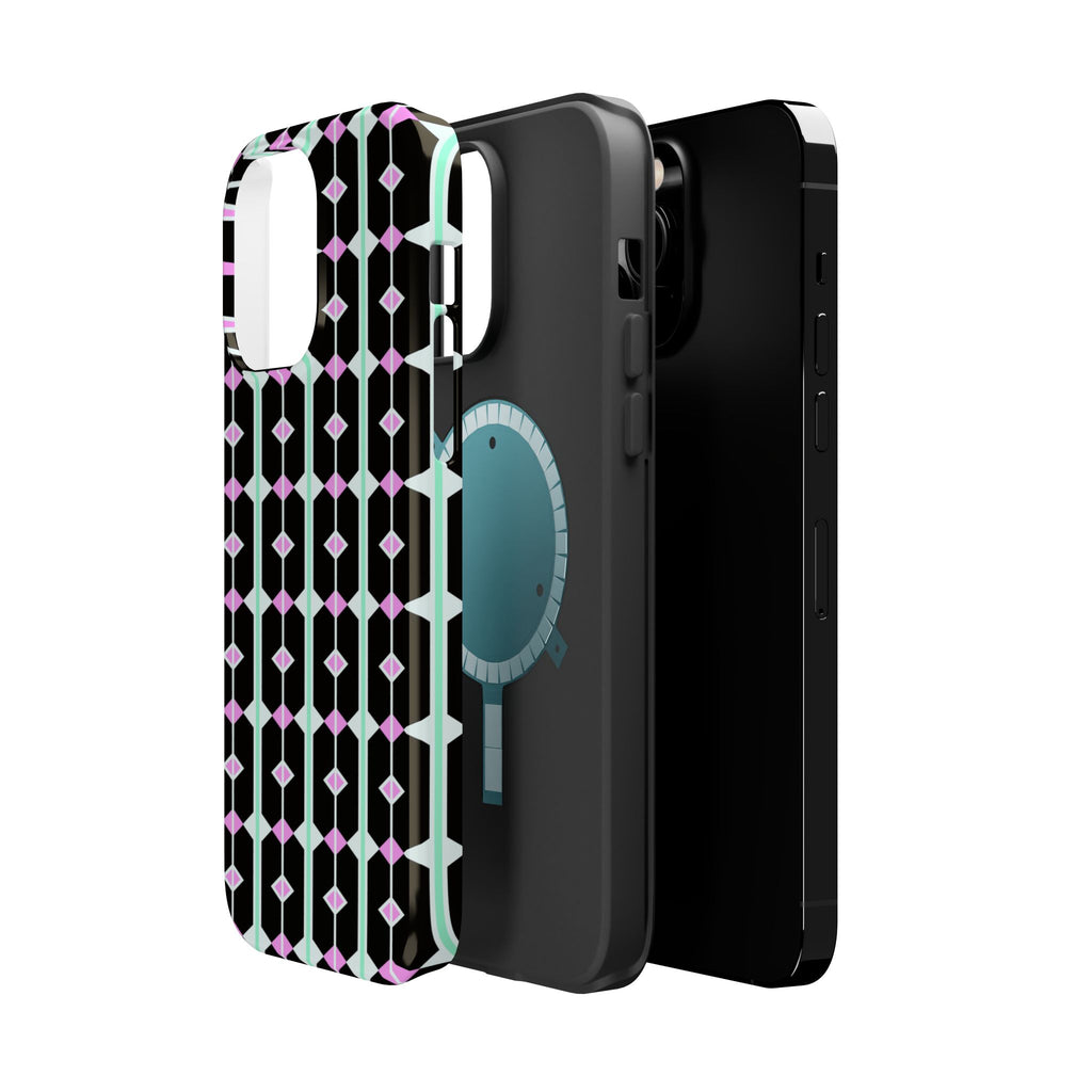Geom Stripe Magnetic Phone Case — Black with Mint & Lavender Pattern