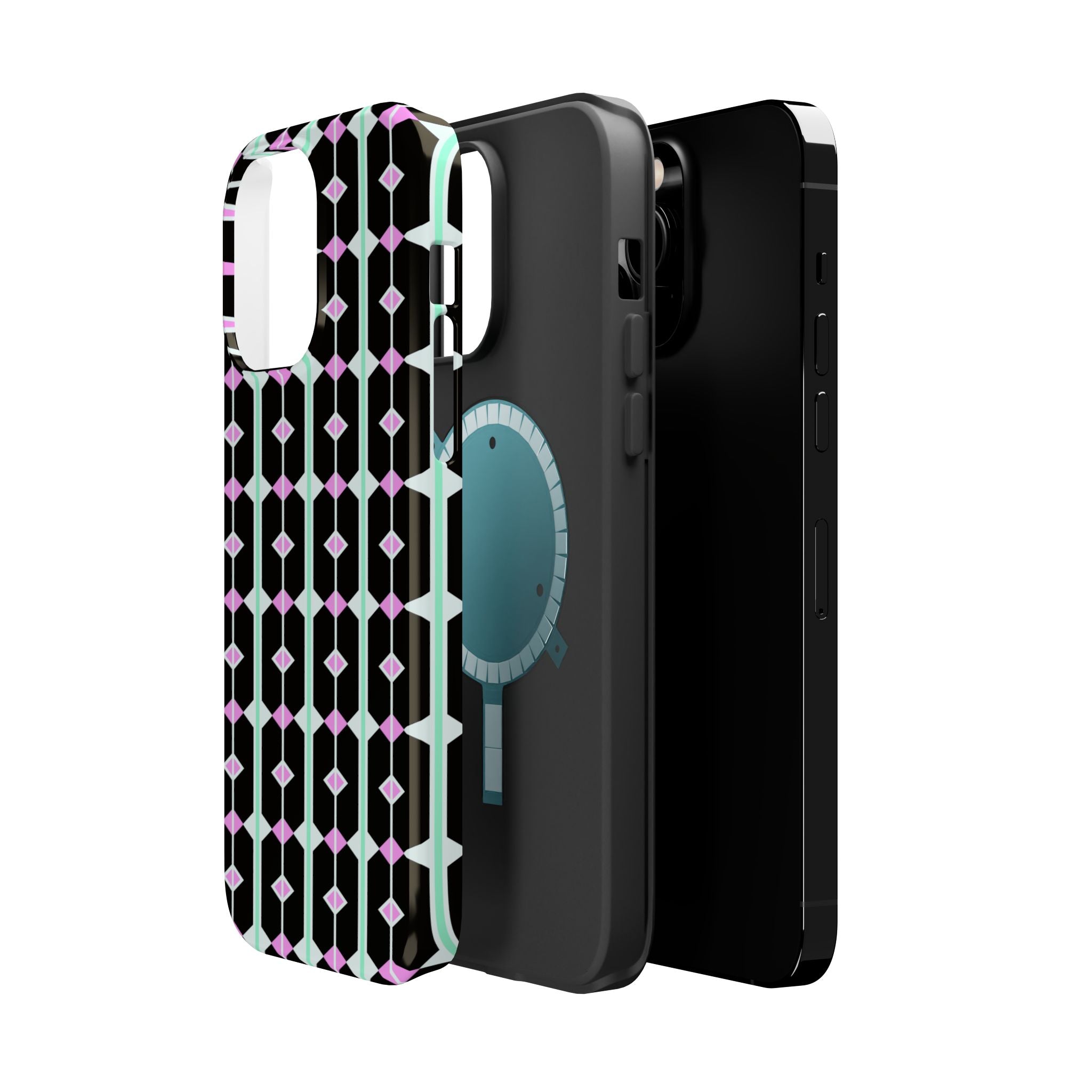 Geom Stripe Magnetic Phone Case — Black with Mint & Lavender Pattern