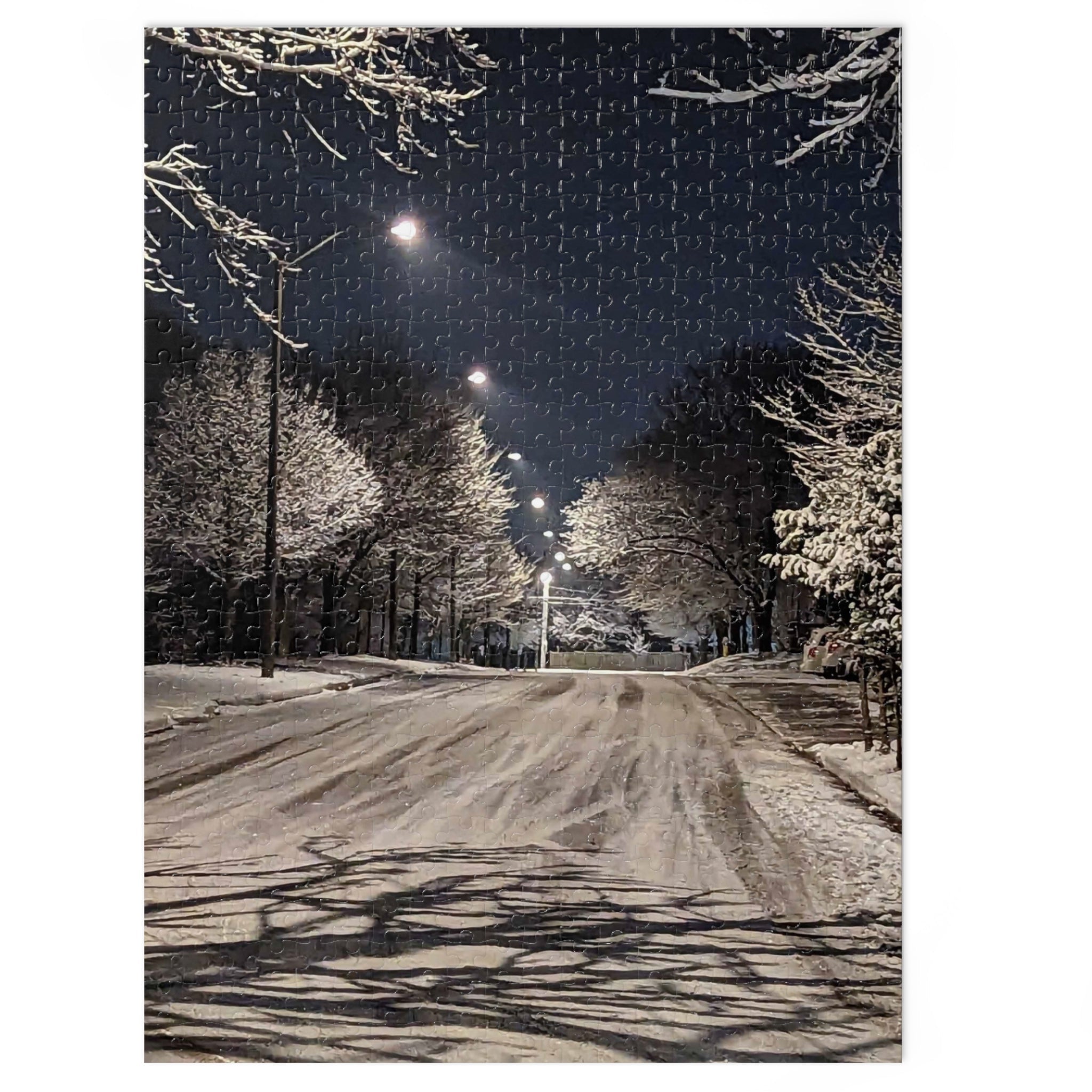 Snowy Winter Night Street Jigsaw Puzzle with Tin